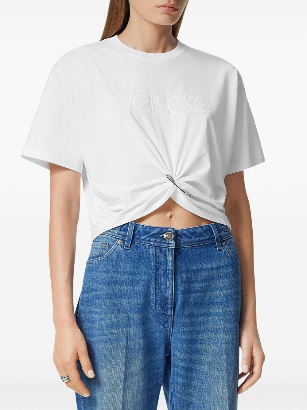 Versace White Cropped T-shirt with Pin - 4