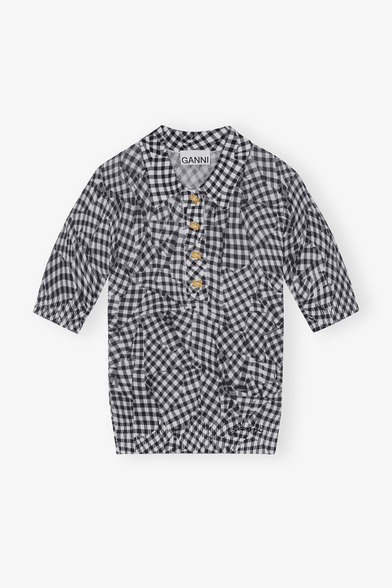BLACK SHEER COTTON PRINTED POLO SHIRT - 1