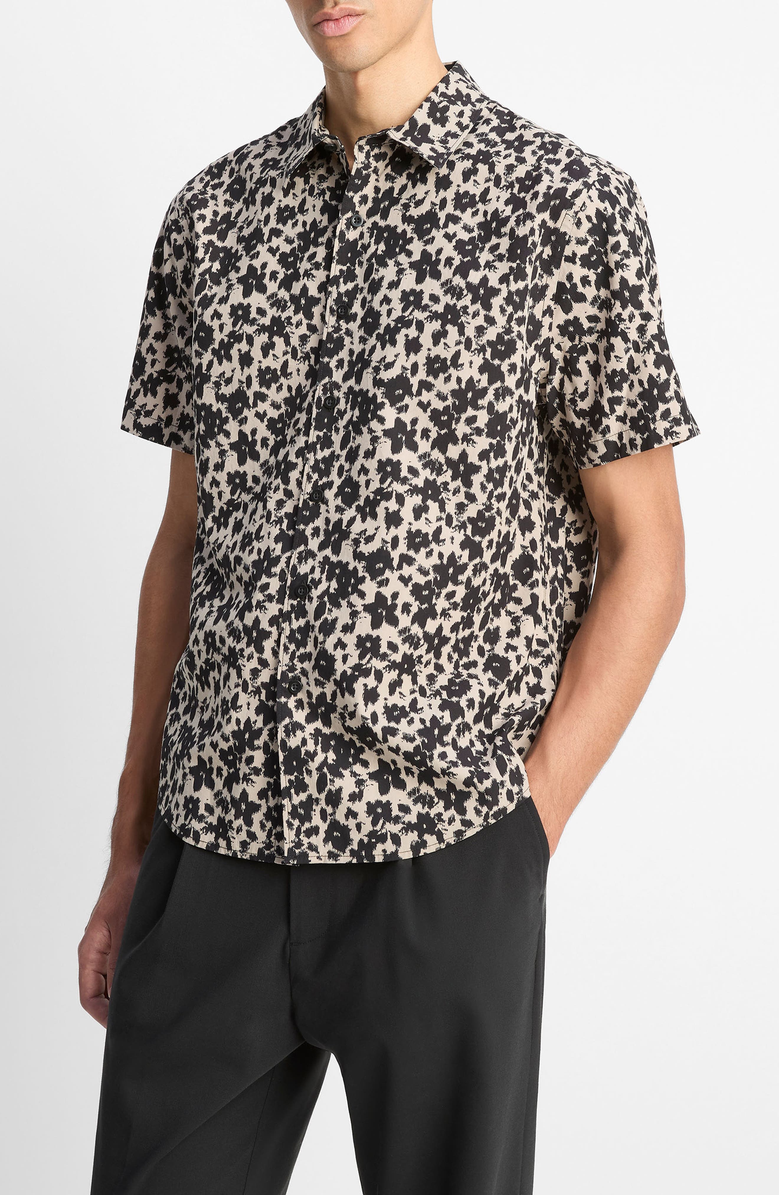 Vince Star Lily Floral Short Sleeve Lyocell & Cotton Button-Up Shirt in Putty/Black at Nordstrom - 1