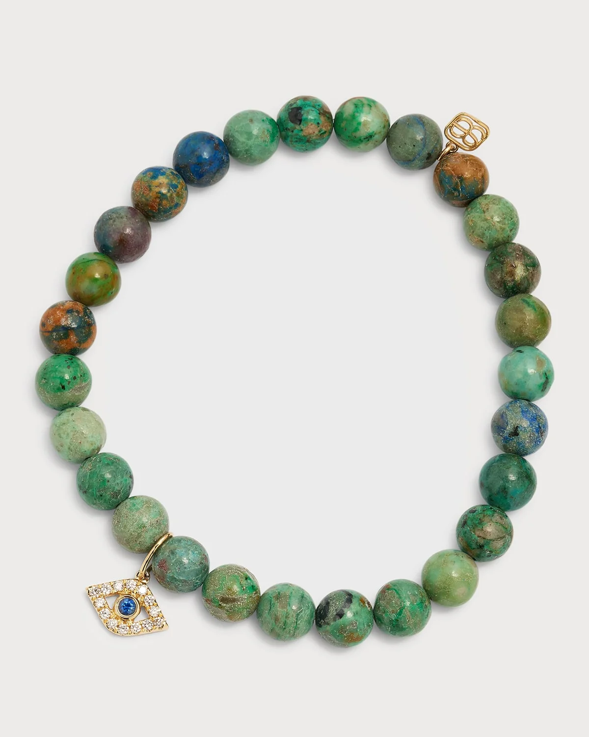 Large Bezel Evil Eye Charm on Smooth Round Chrysocolla Bracelet - 1