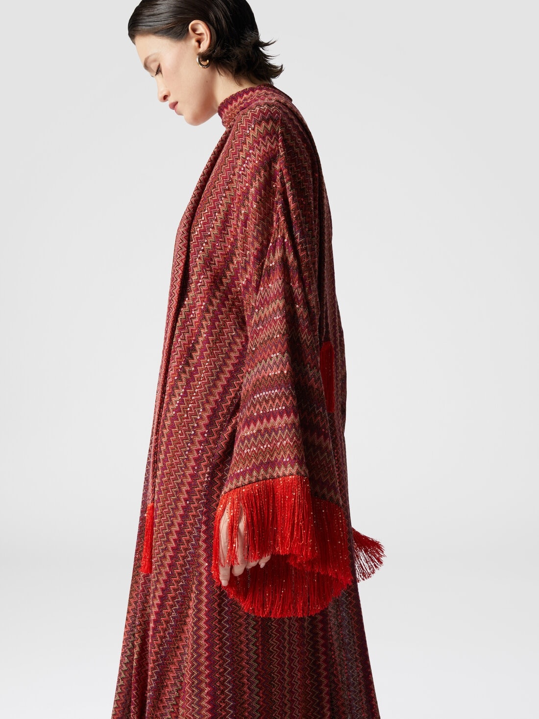 Zigzag kaftan with sequins and V-neck and removable scarf with fringes - 4