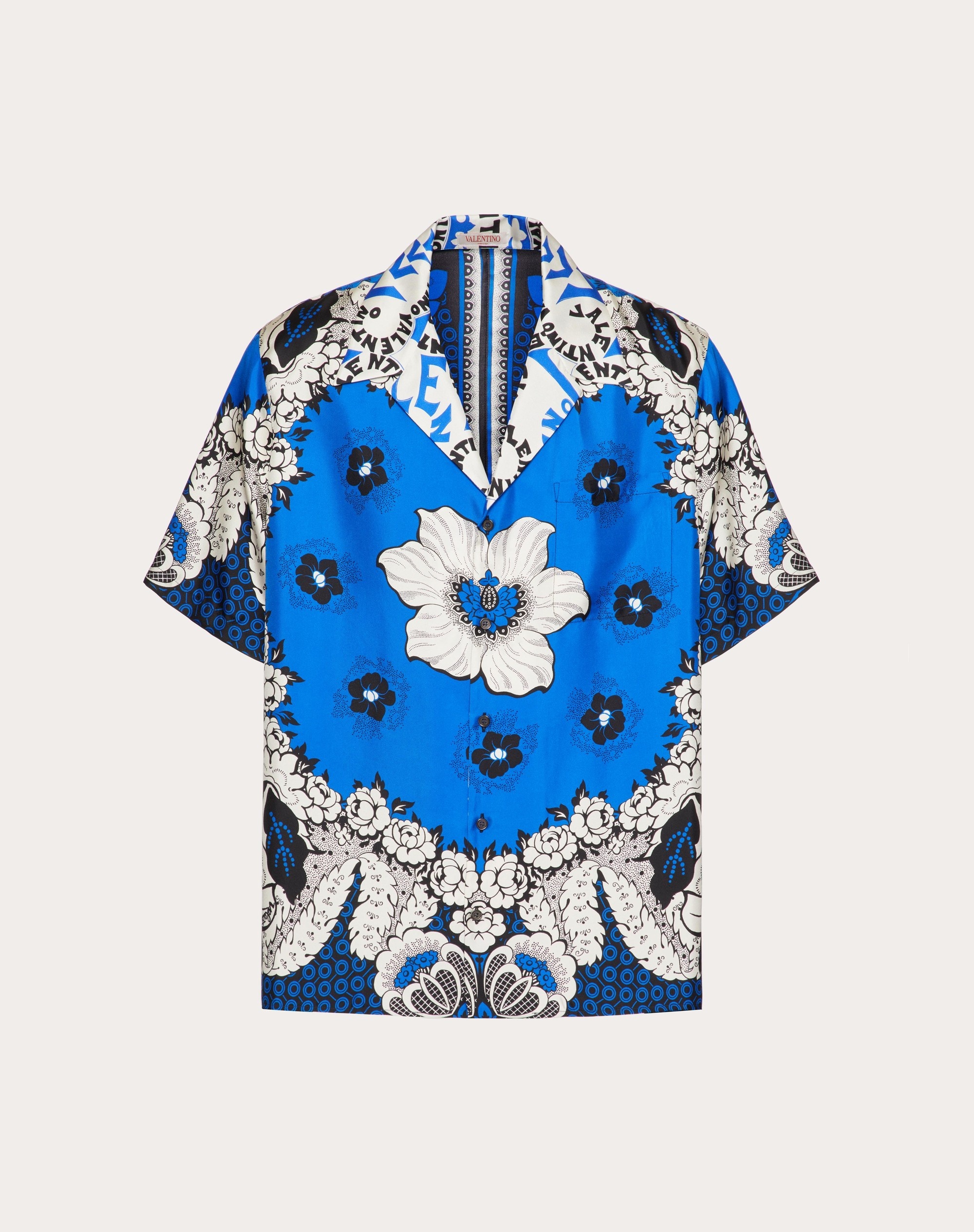 SILK TWILL BOWLING SHIRT WITH VALENTINO BANDANA FLOWER PRINT - 1