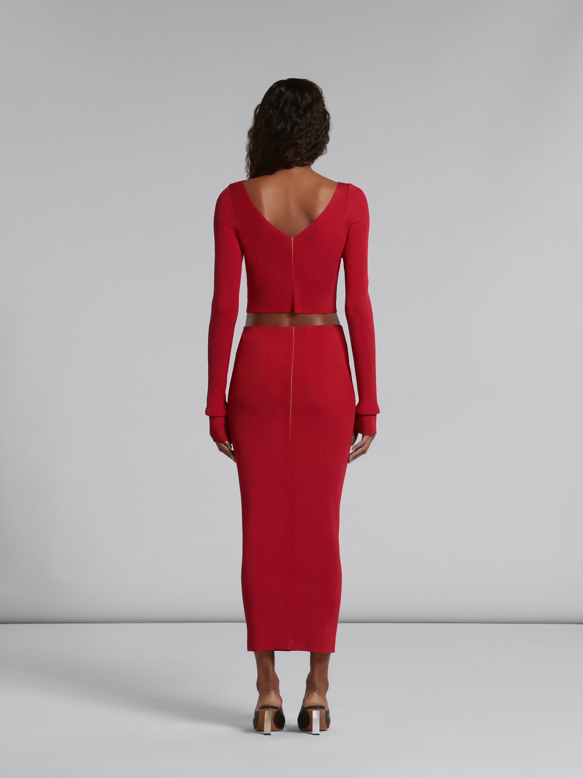 RED RIBBED SHEATH SKIRT - 3