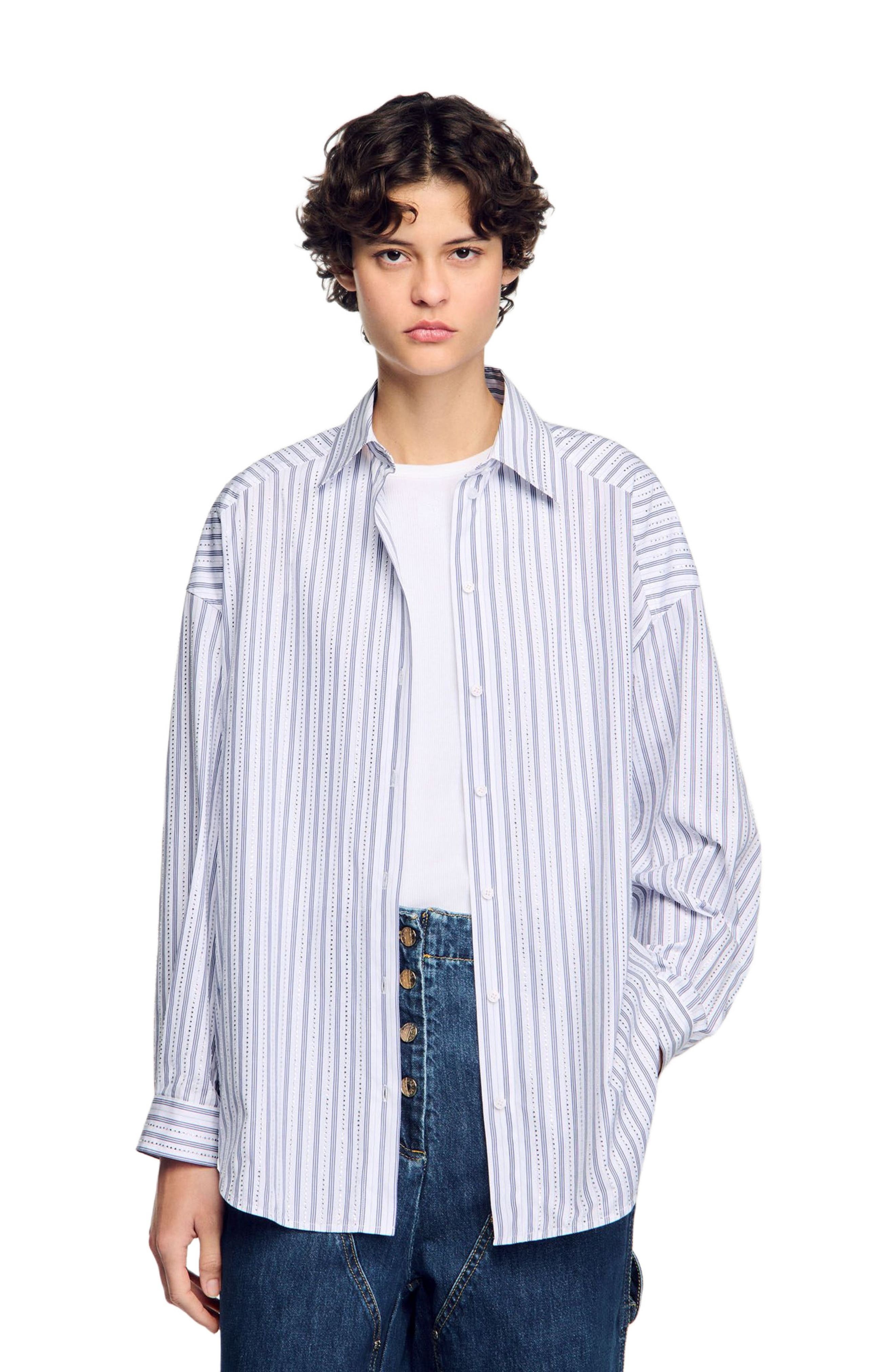 SANDRO Striped rhinestone shirt in White at Nordstrom - 3