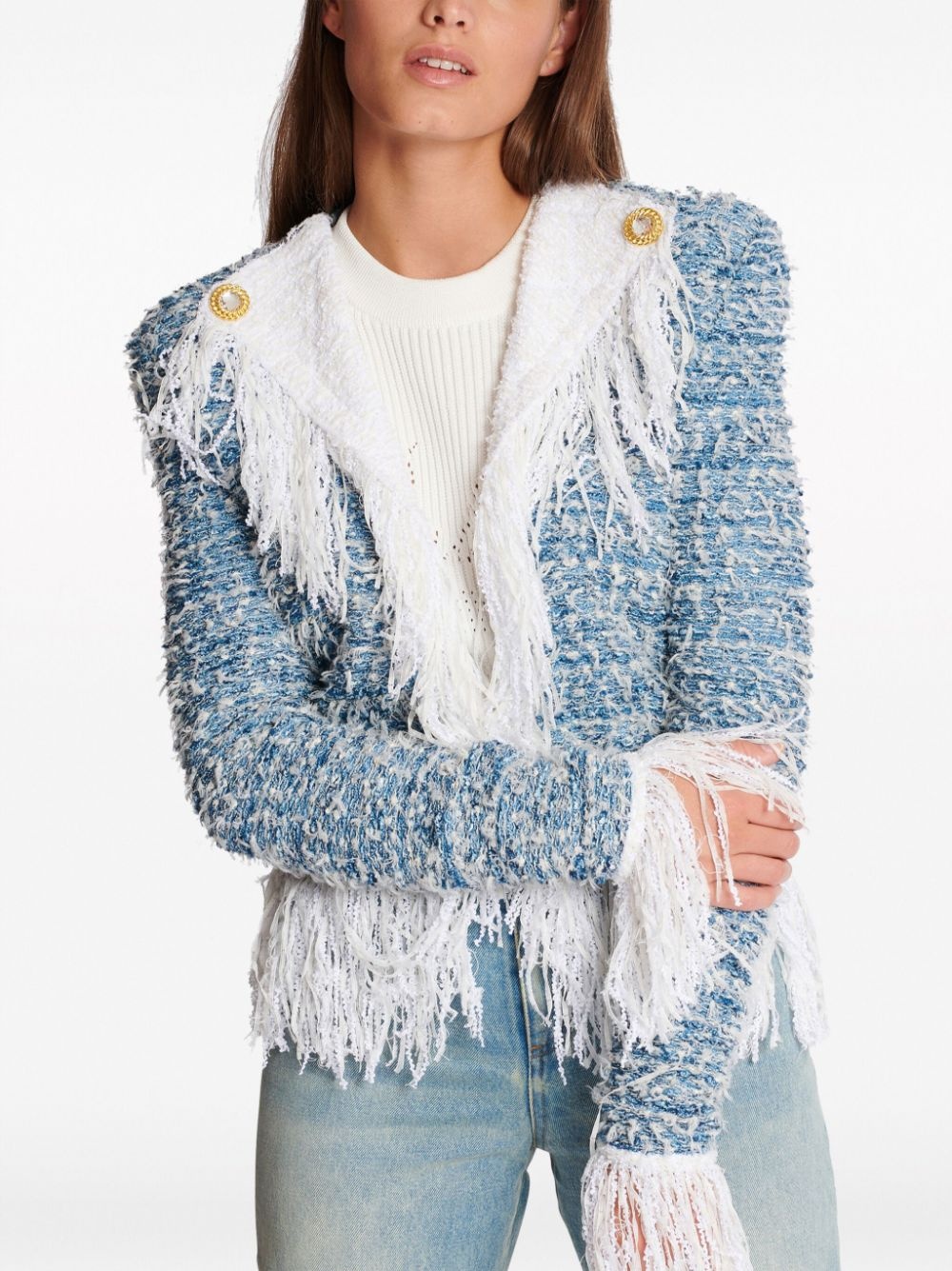 fringed denim tweed jacket - 6