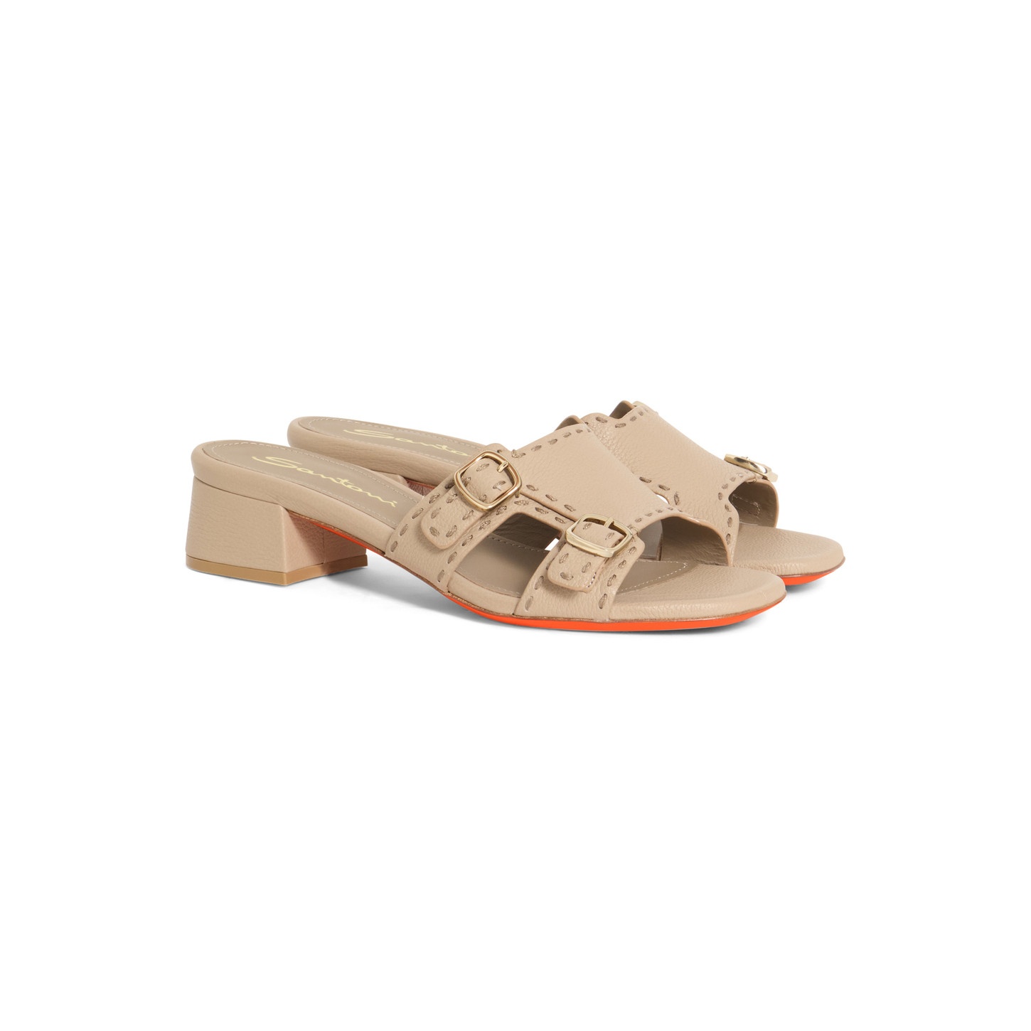 Women's beige tumbled leather double-buckle sandal - 2