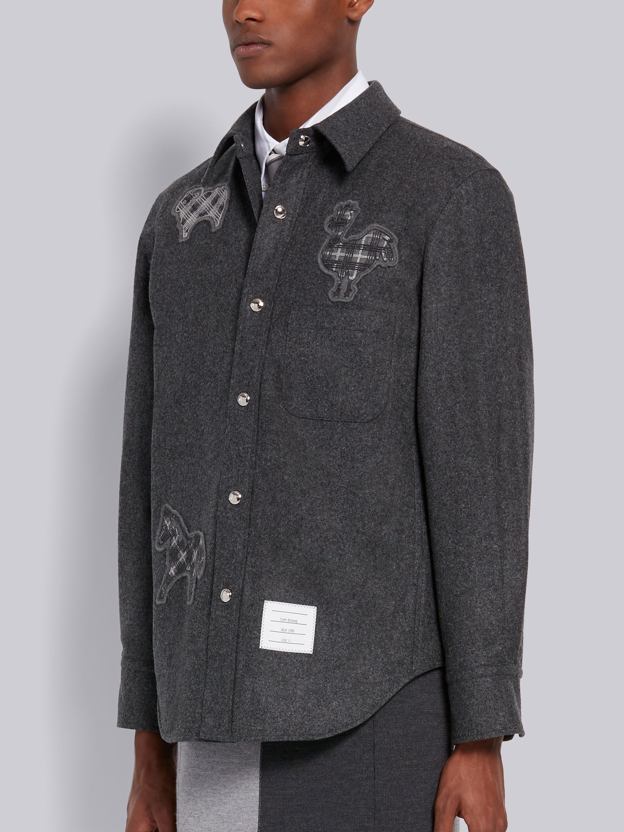 Dark Grey Wool Flannel Multi-Animal Icon Snap Front Shirt Jacket - 2