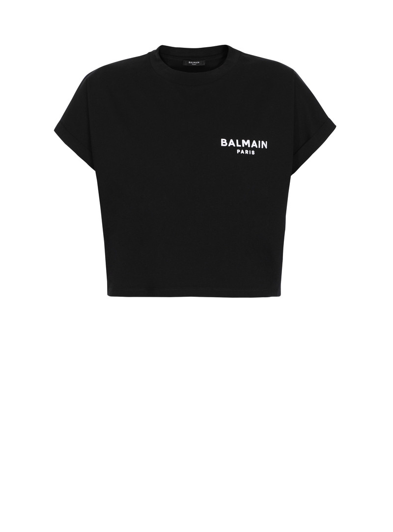 Cropped eco-designed cotton T-shirt with small flocked Balmain logo 1