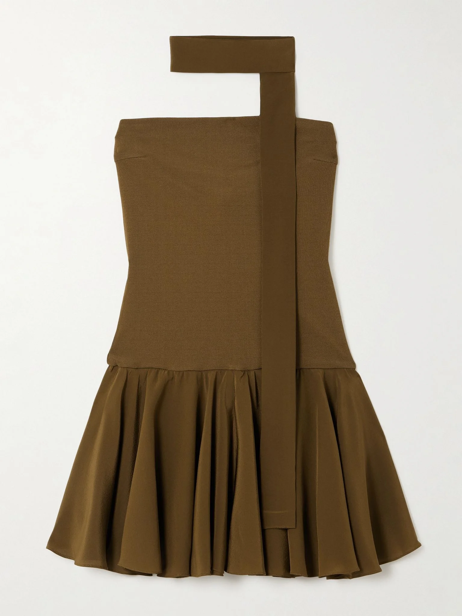 Illi scarf-detailed strapless stretch-knit and silk crepe de chine mini dress Army green - 1