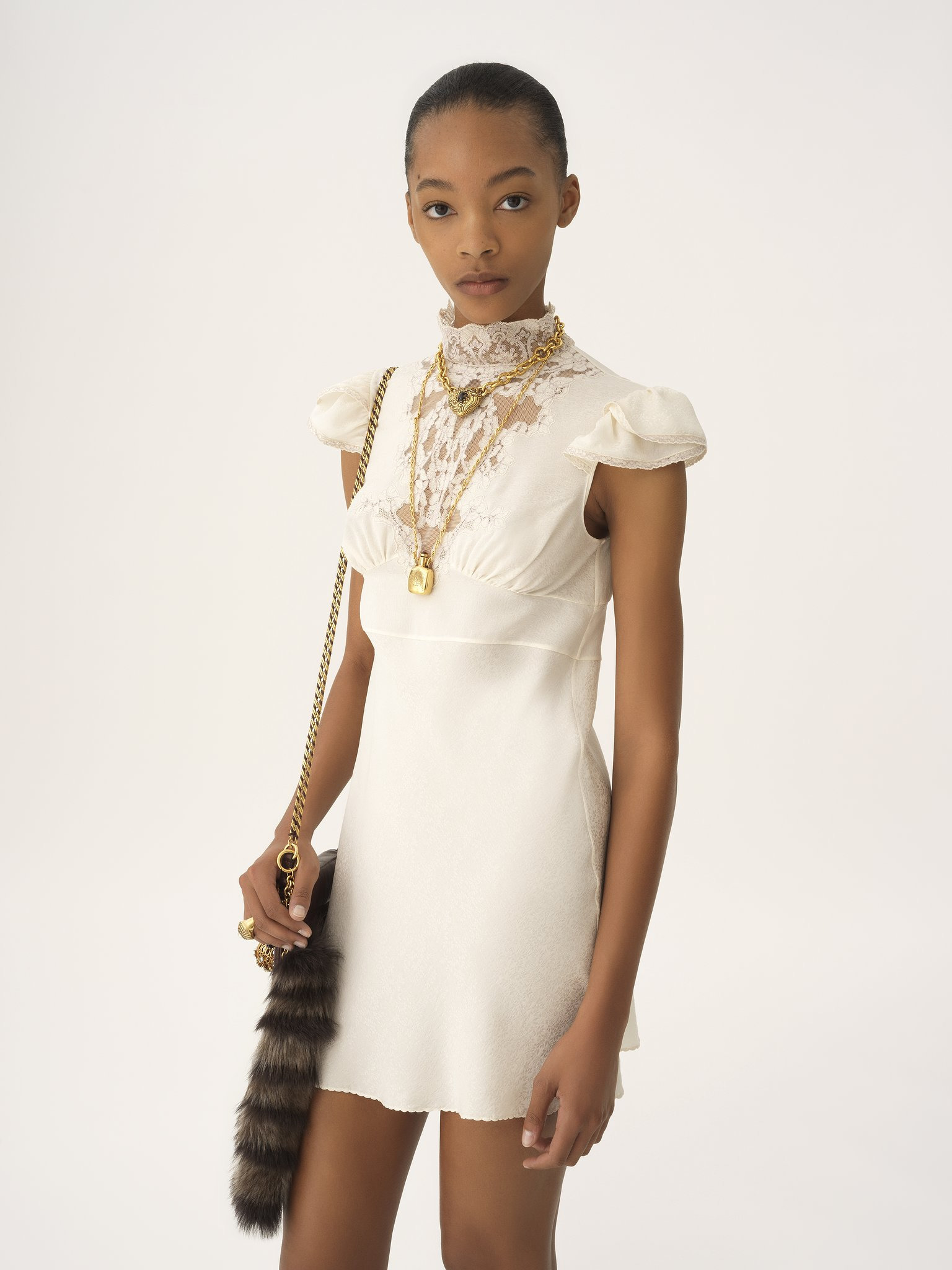 HIGH-NECK MINI DRESS IN JACQUARD SILK & LACE - 4