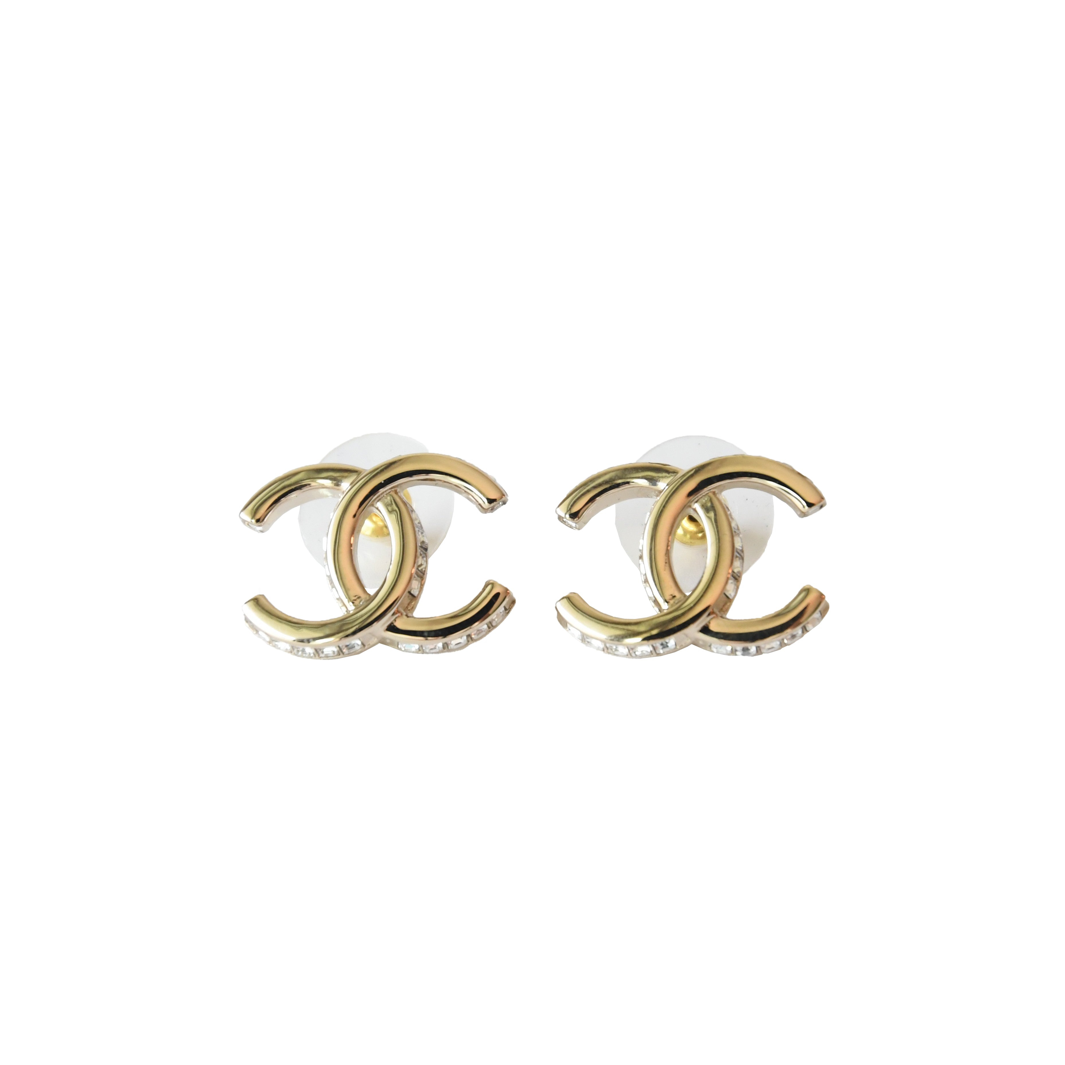 Chanel 23B CC Studs Earrings Side Crystal Strass Light Gold - 2