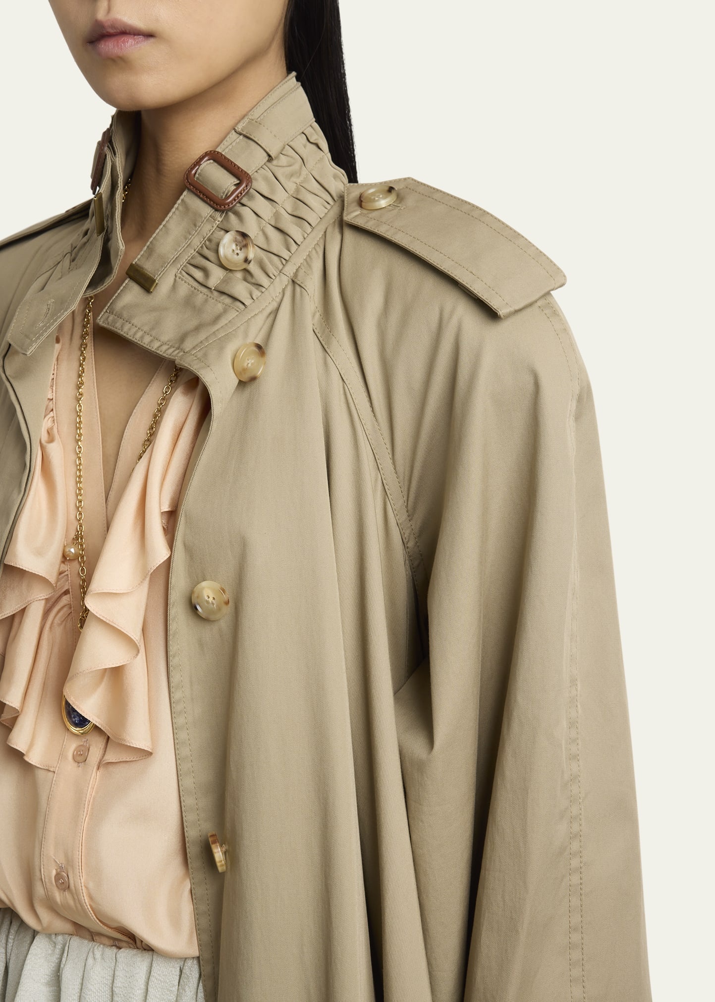Long High-Neck Belted Gabardine Trench Coat - 5