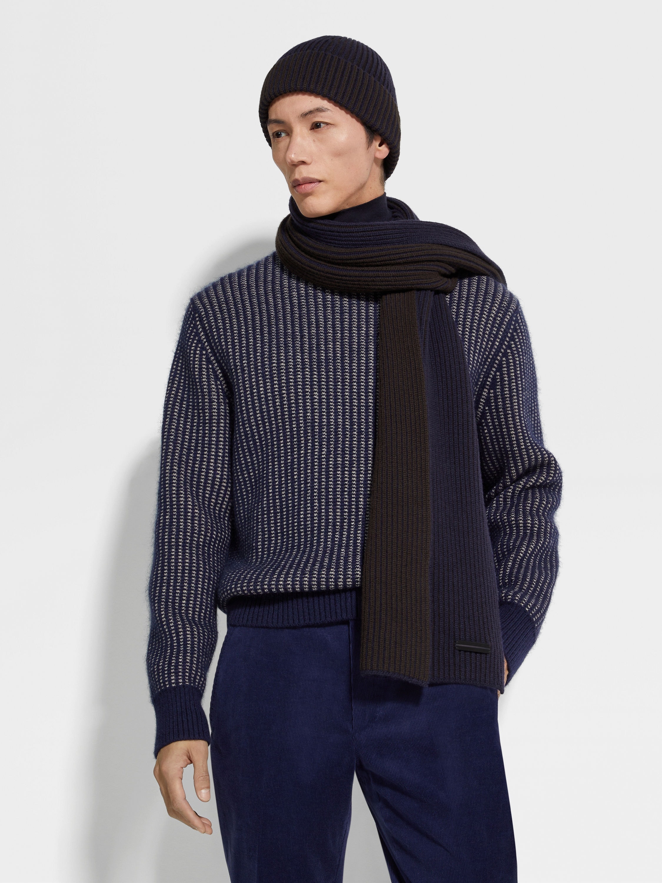 INK BLUE AND DARK BROWN OASI CASHMERE SCARF - 3