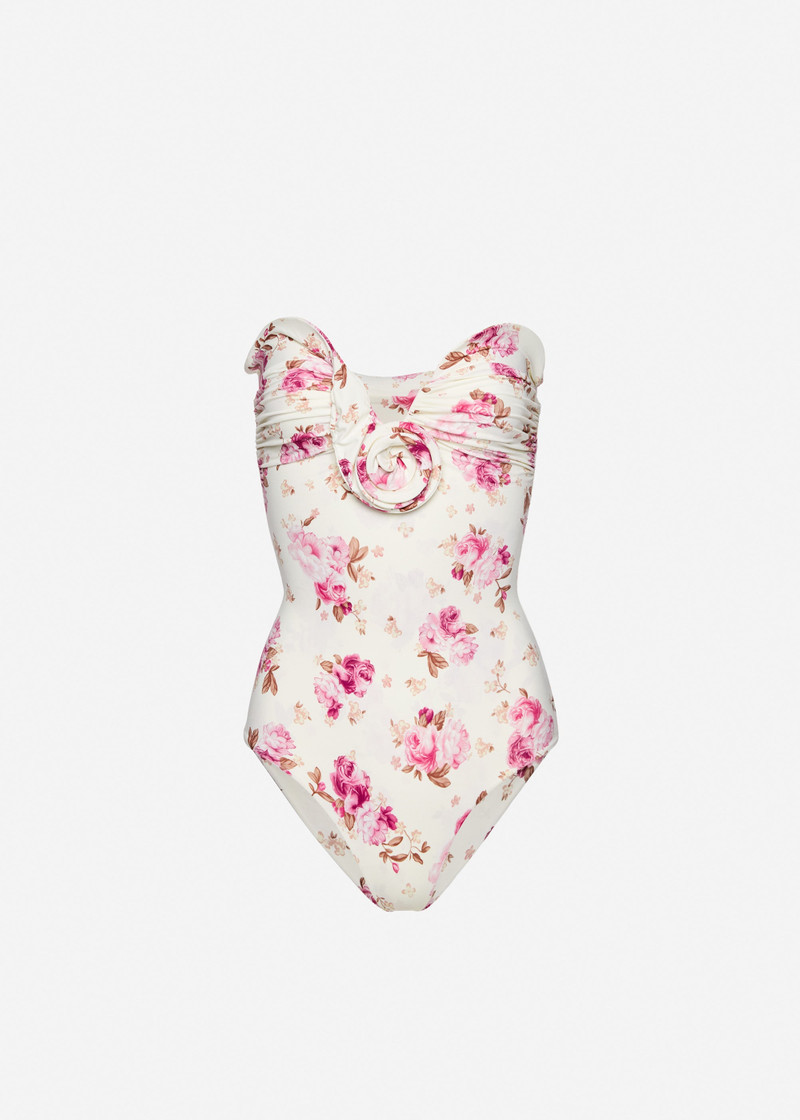 Sculptural rose bustier swimsuit in cream floral print 1