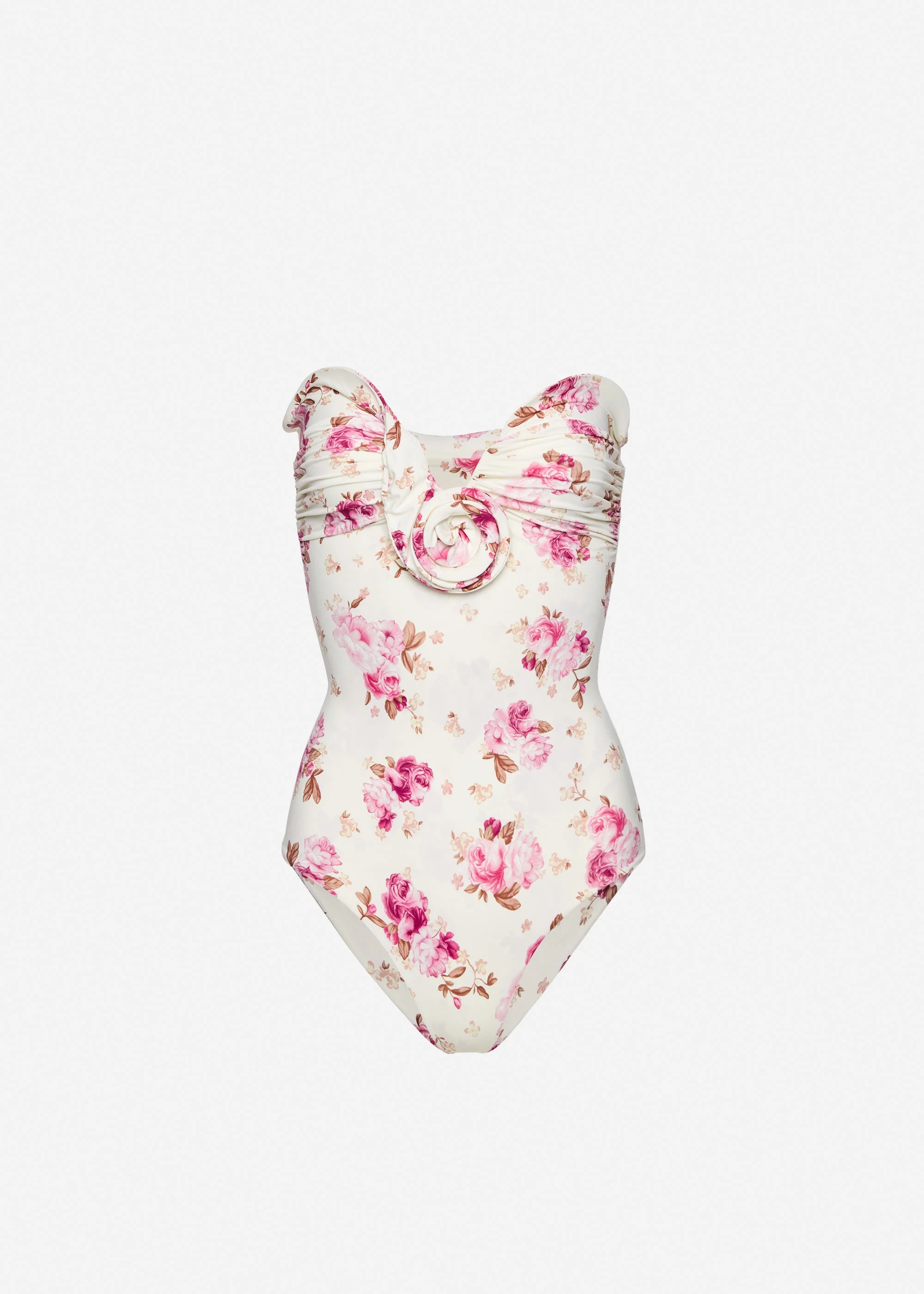 Sculptural rose bustier swimsuit in cream floral print - 1