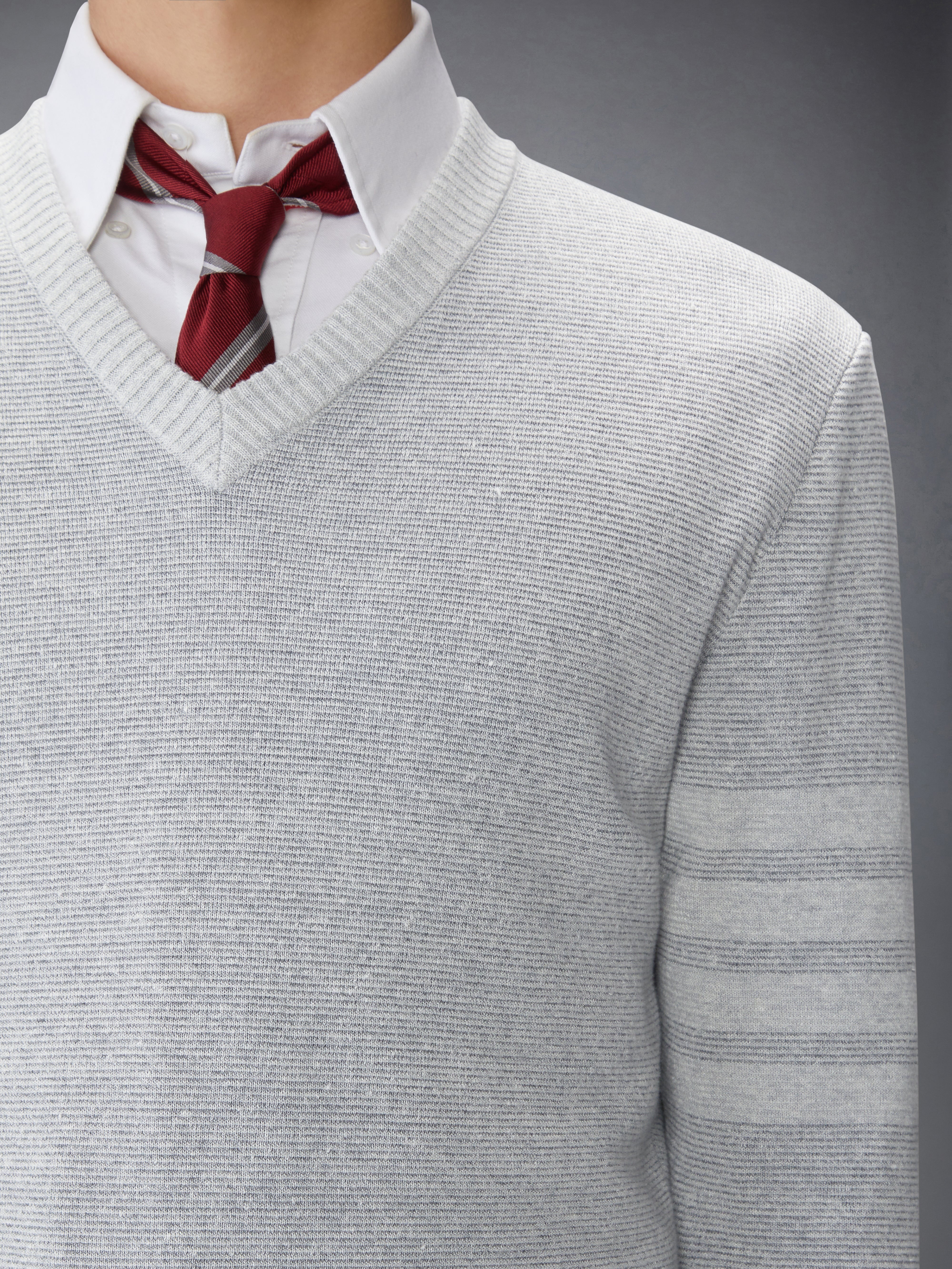 TEXTURED STRIPED STITCH 4-BAR RELAXED FIT V NECK PULLOVER - 6