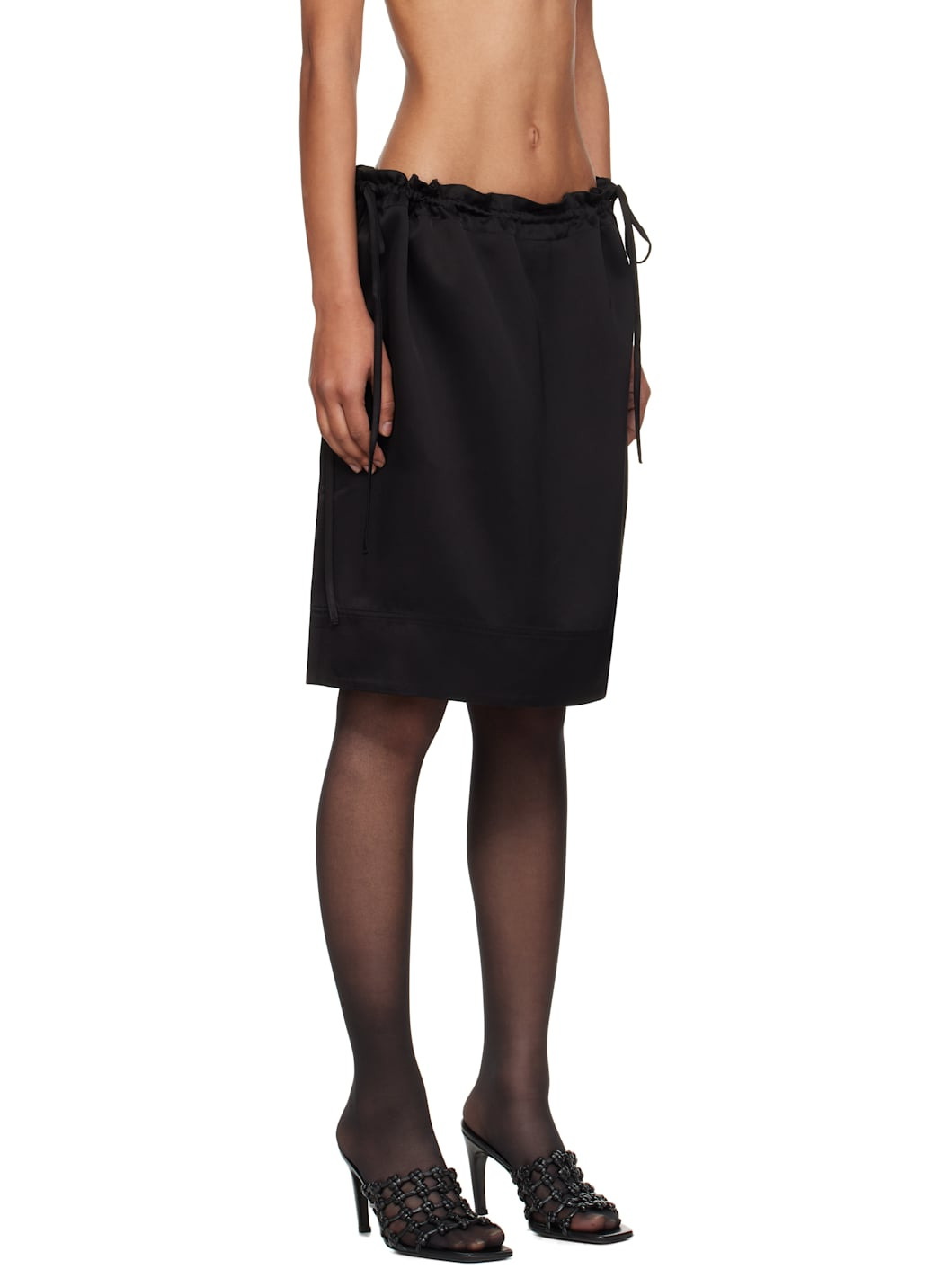 Black Drawstring Satin Miniskirt - 2