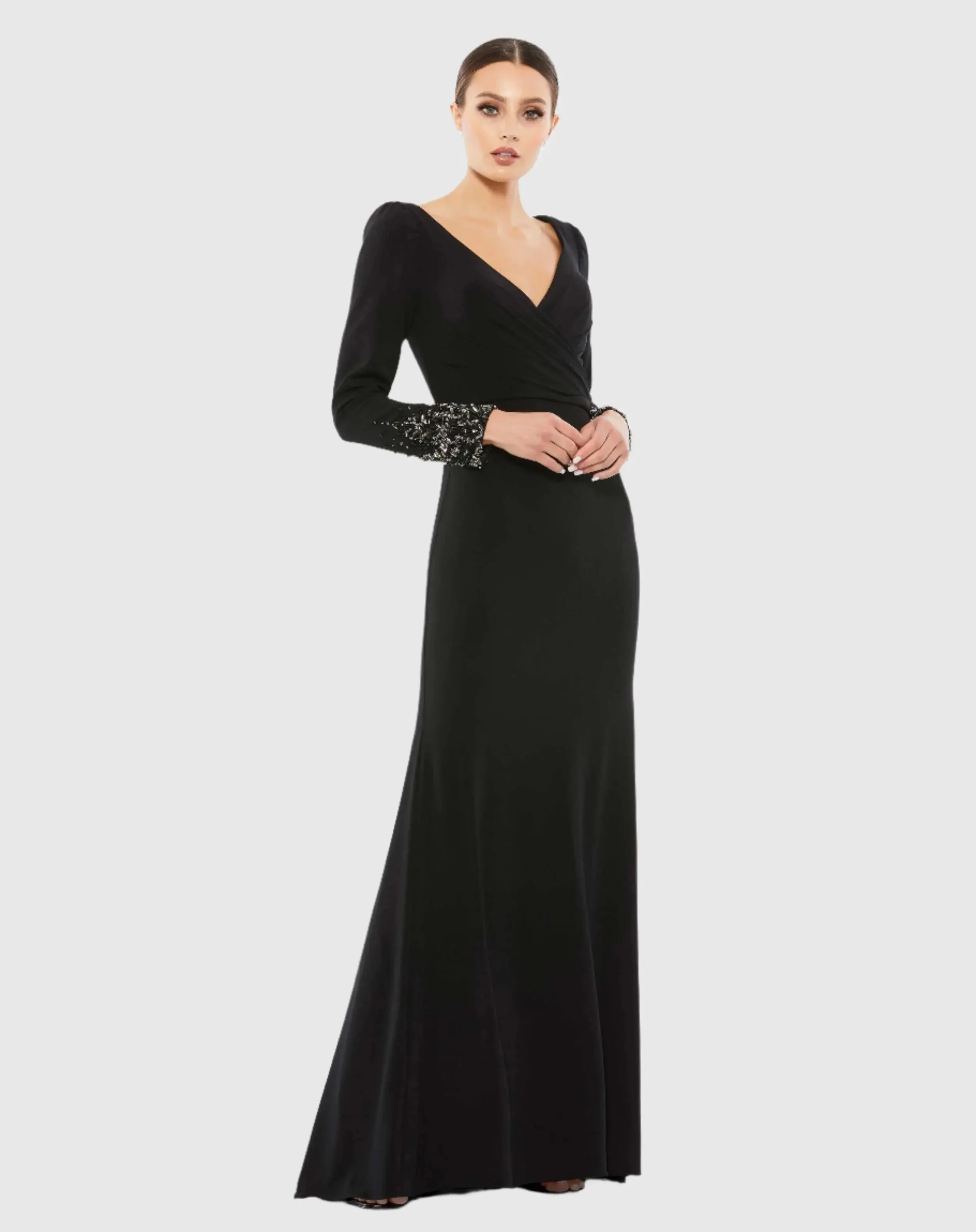 Black Beaded Cuff Long Sleeve Wrap Over Trumpet Gown - 1