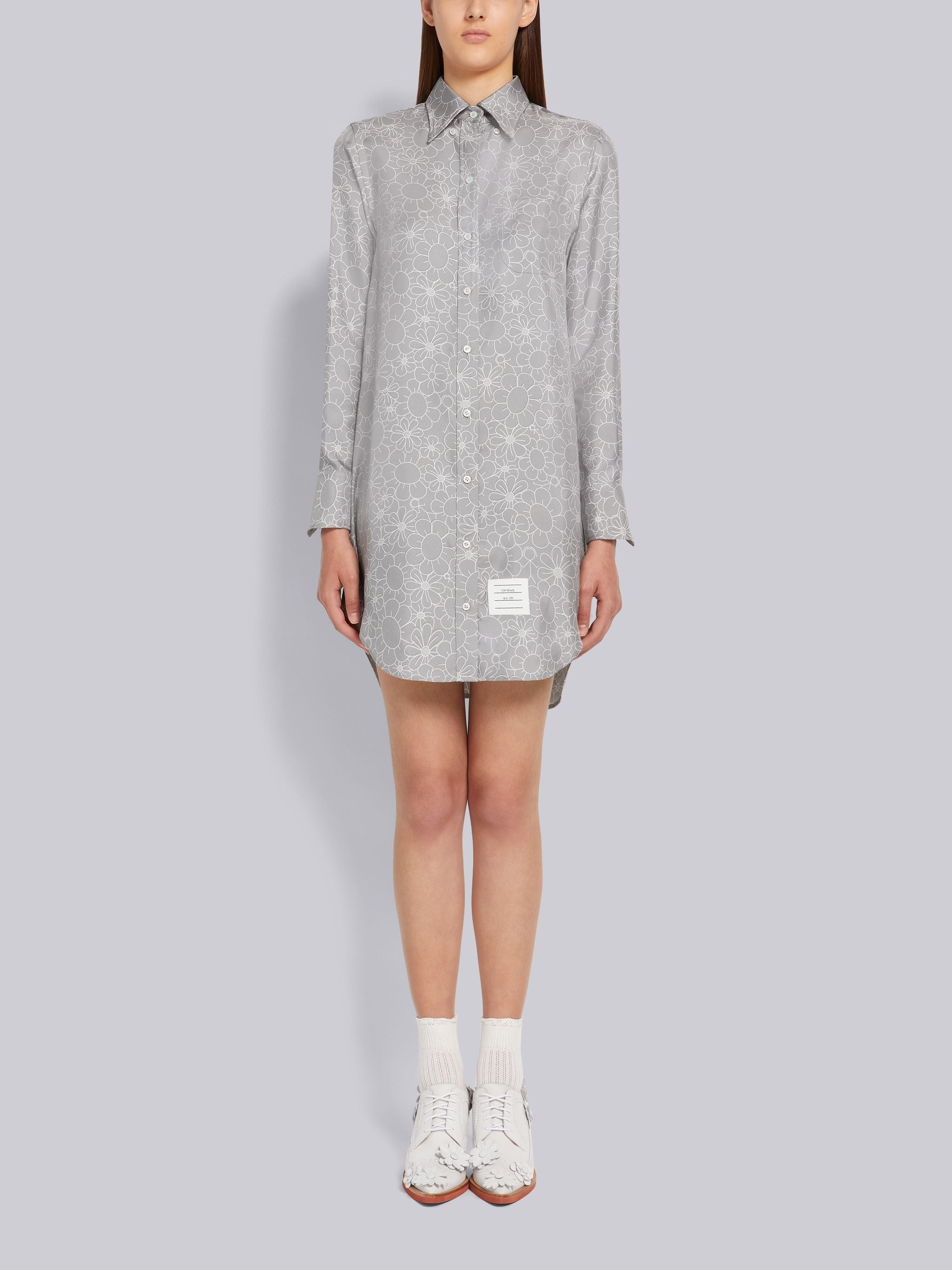 Medium Grey Floral Toile Printed Silk Point Collar Thigh Length Shirtdress - 1