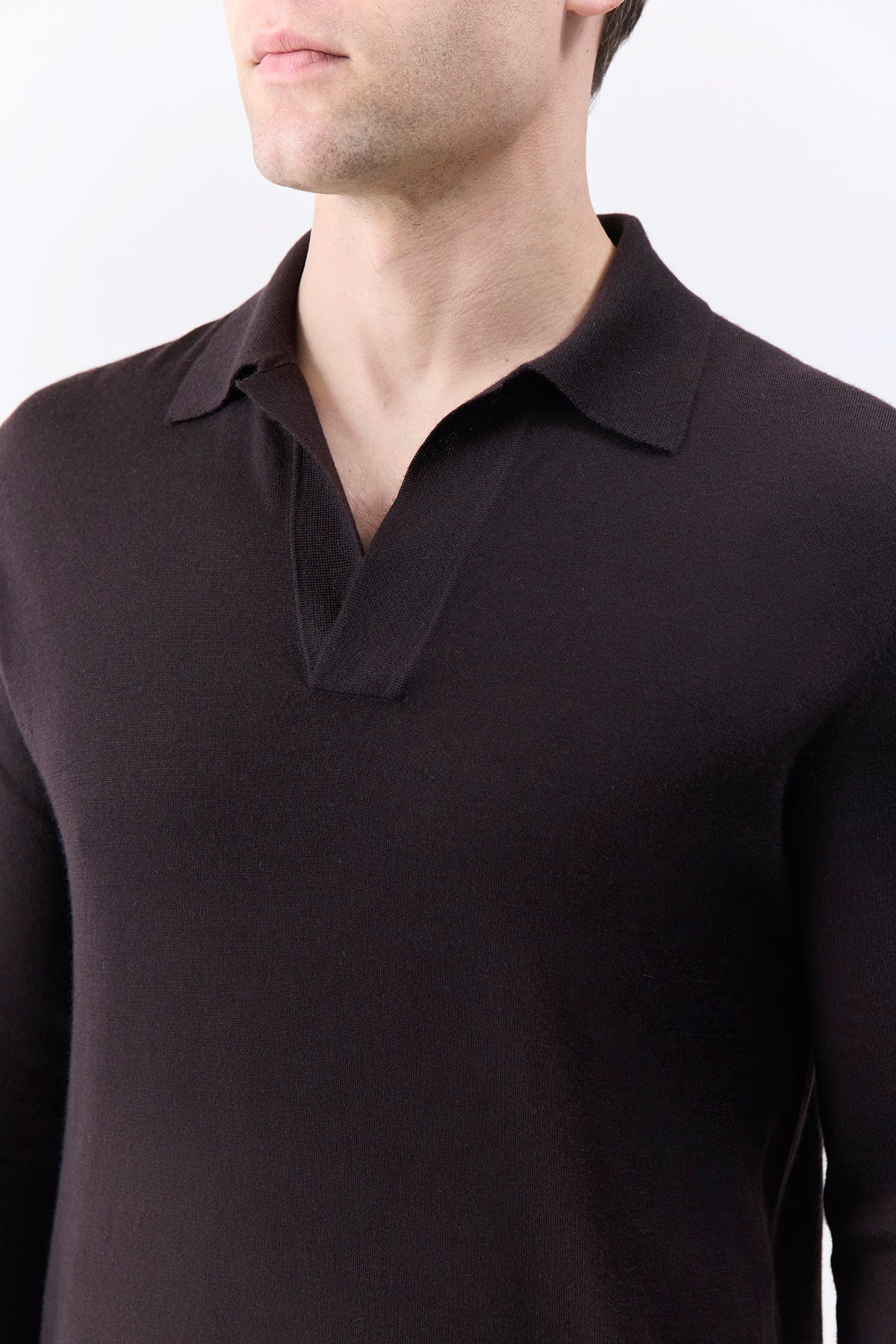 Frome Knit Long Sleeve Polo in Chocolate Cashmere - 5