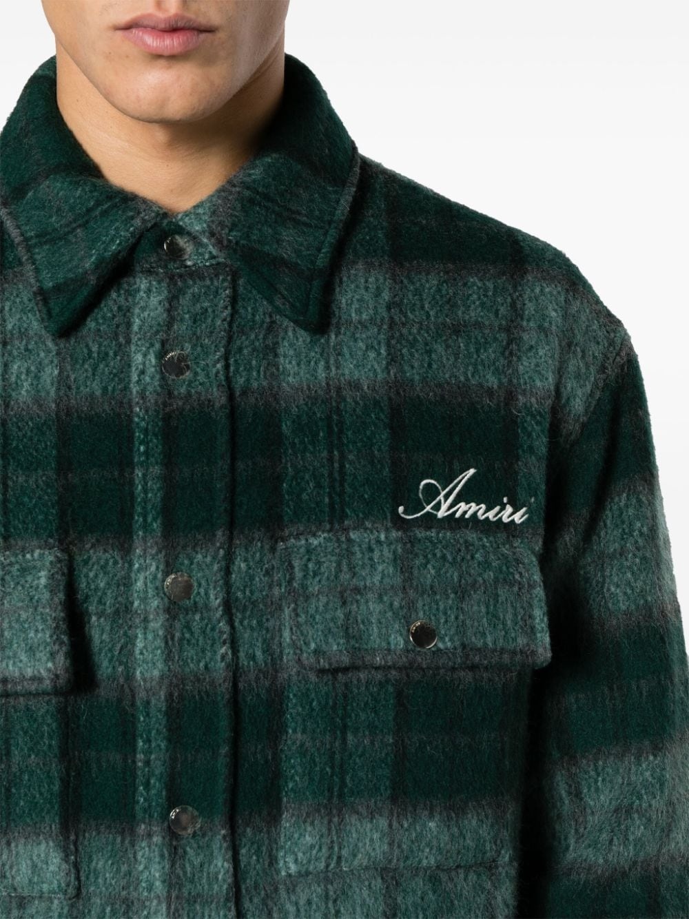 embroidered-logo plaid-patterned shirt jacket - 5