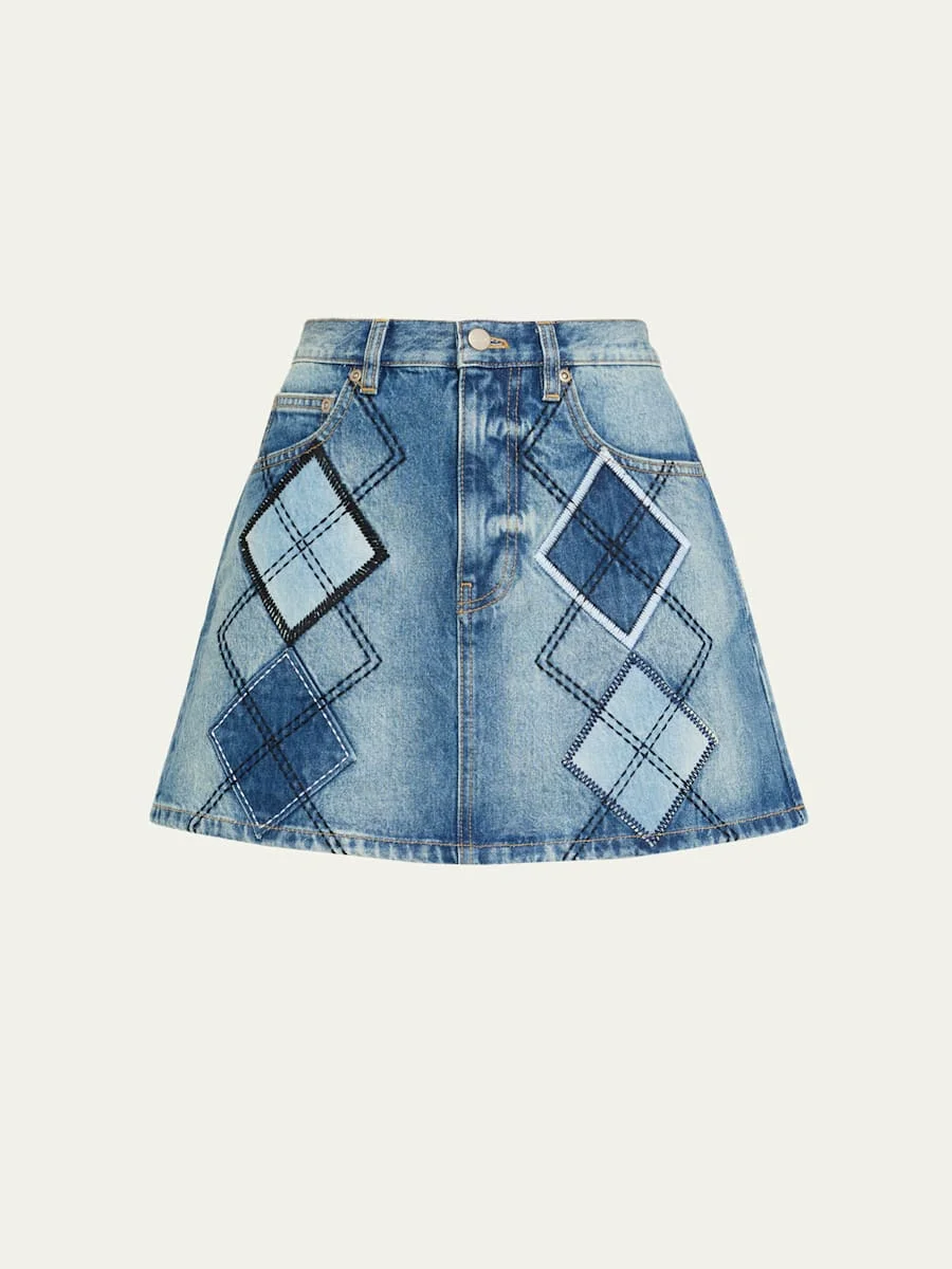 Argyle Patchwork Denim Mini Skirt - 1