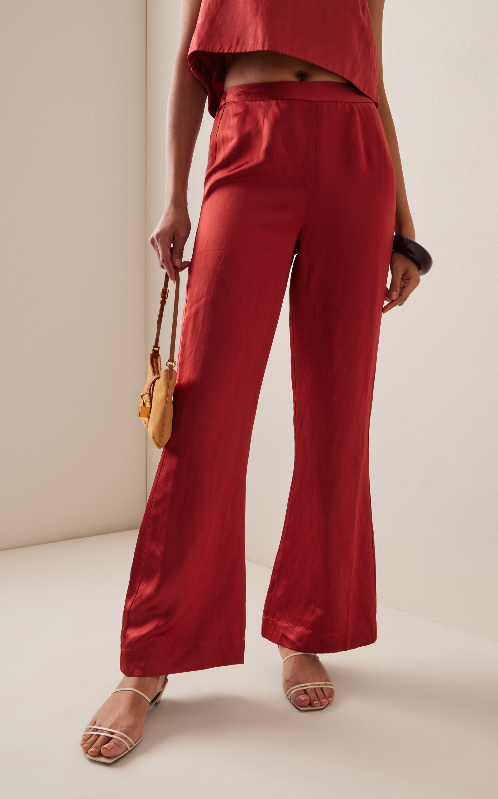 Tia High-Waisted Linen Flared-Leg Pants red - 3