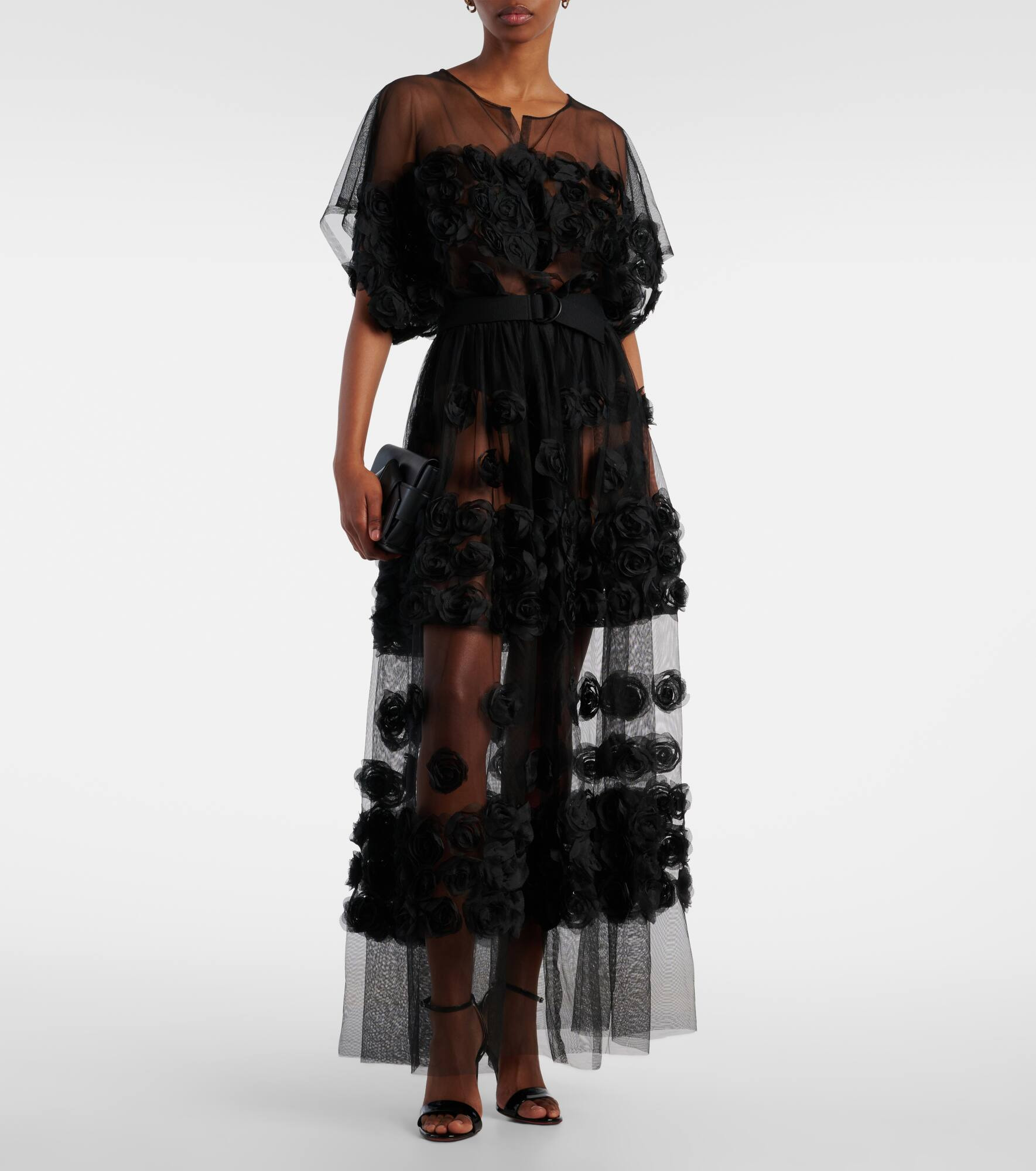 Floral-appliqué tulle midi dress - 2
