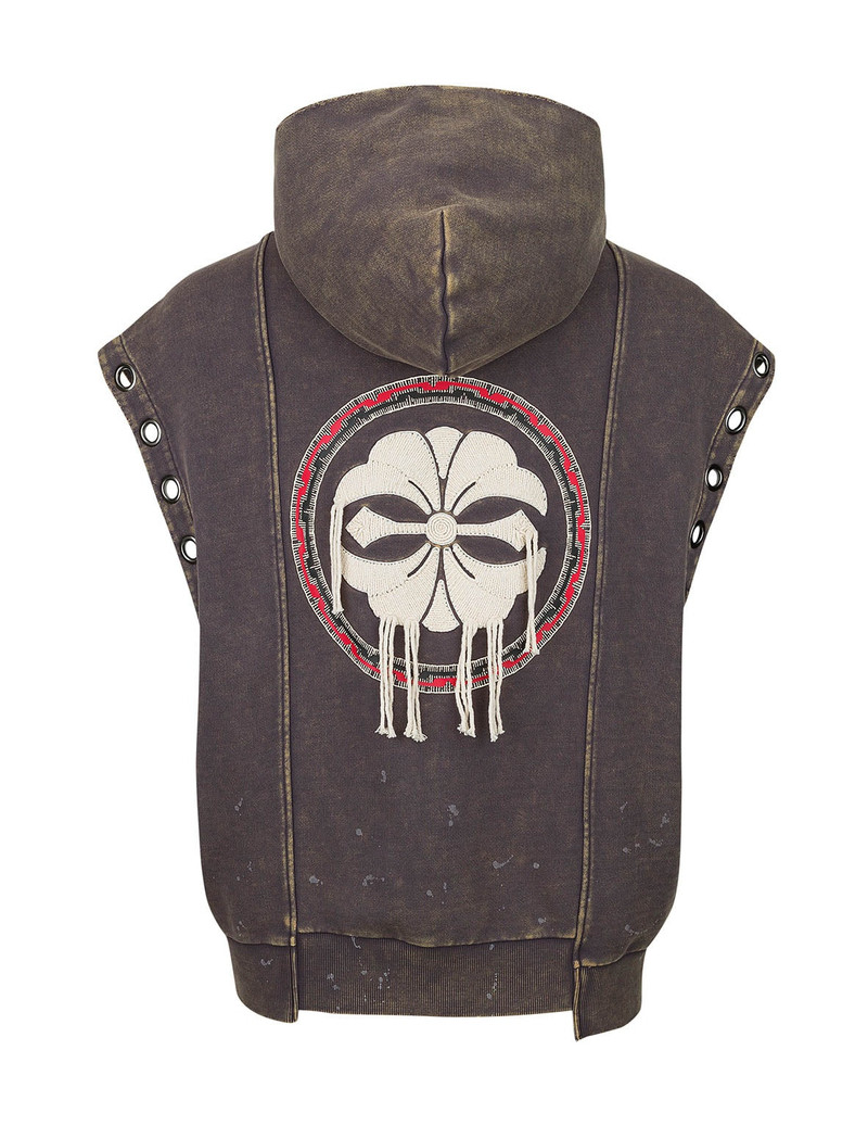 Washed Deconstructed Totem Kamon Embroidery Fashion Fit Hoodie Vest 12