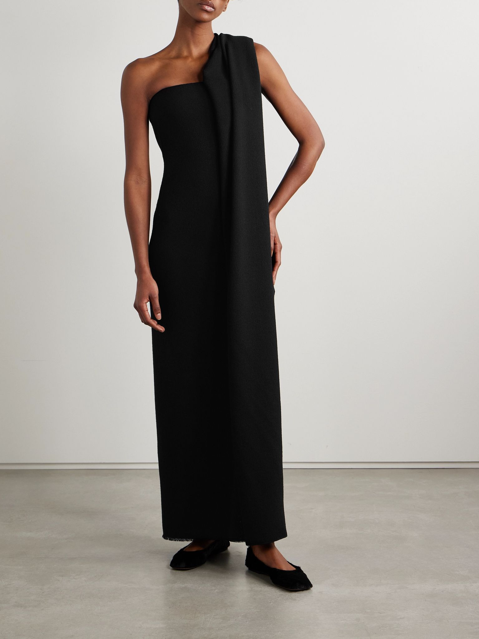 Fanny one-shoulder draped wool-tweed maxi dress Black - 3