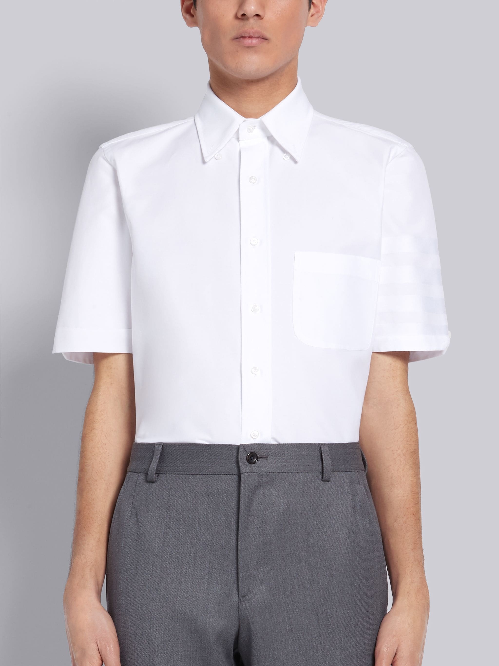 White Cotton Poplin Short Sleeve Satin Weave 4-Bar Shirt - 1