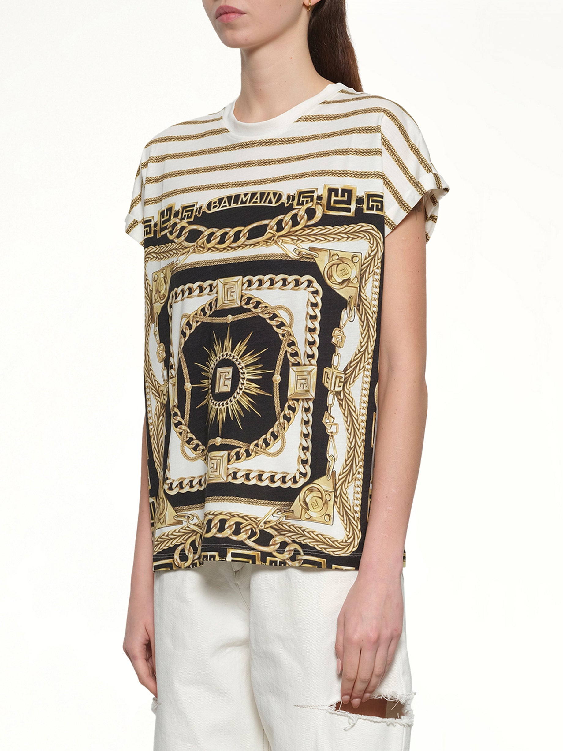 3 BTNS Foulard Print T-Shirt in White/Black/Gold - 3