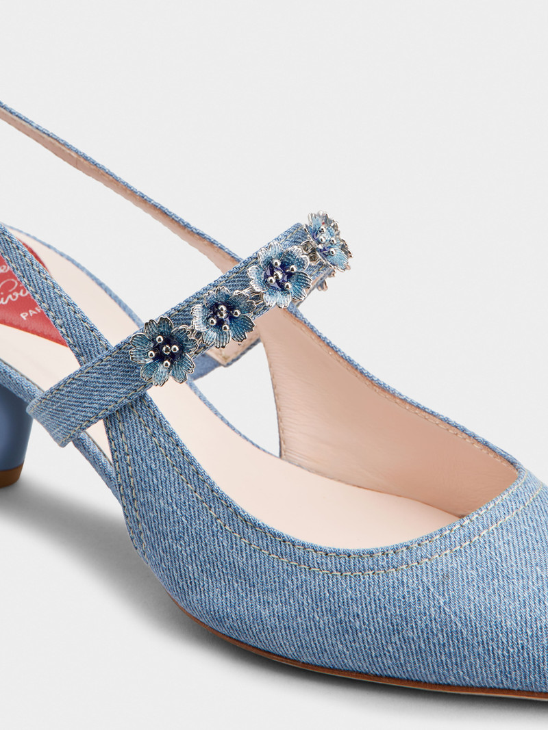 Virgule Flower Slingback Pumps in Denim 3