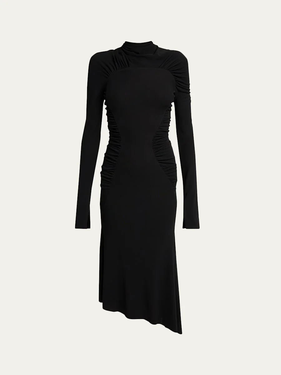 High-Neck Contour-Ruched Midi Dress - 1