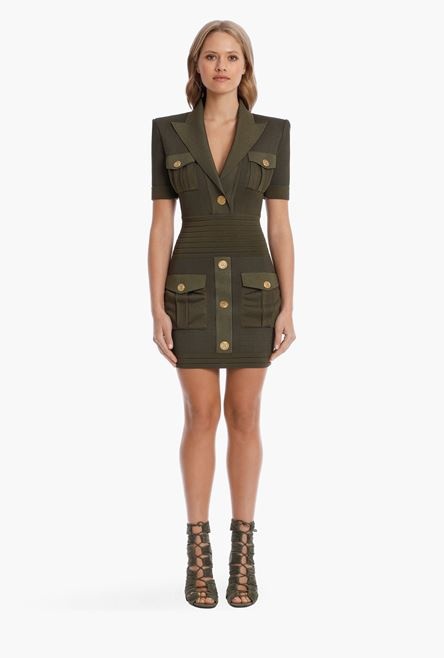 Short olive green viscose dress with gold-tone buttons - 4