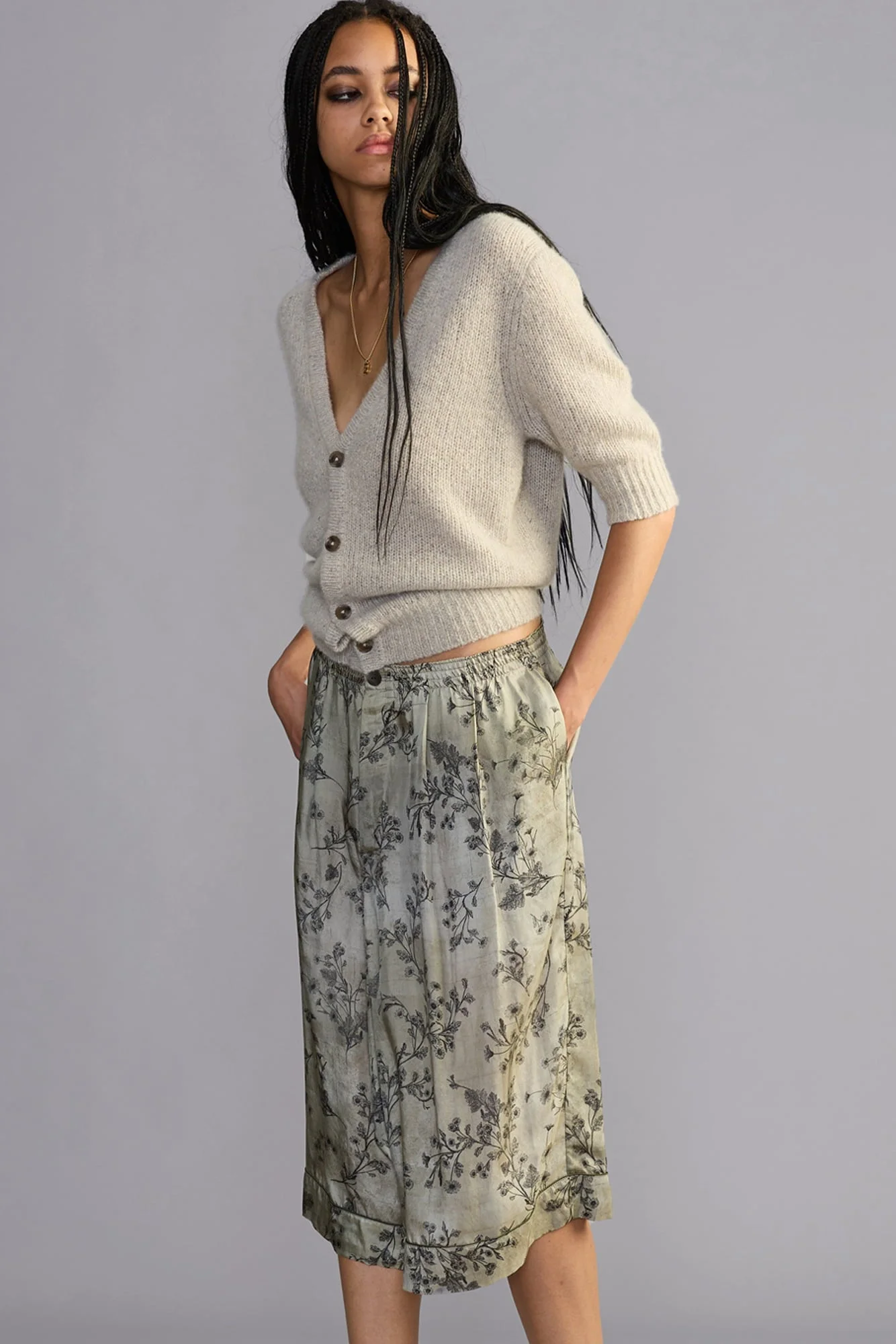 Elbow Sleeve Split Hem Cardigan - 1