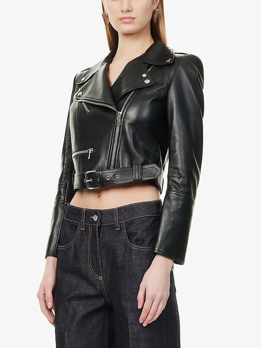 Cropped Biker-Collar Slim-Fit Leather Jacket - 3