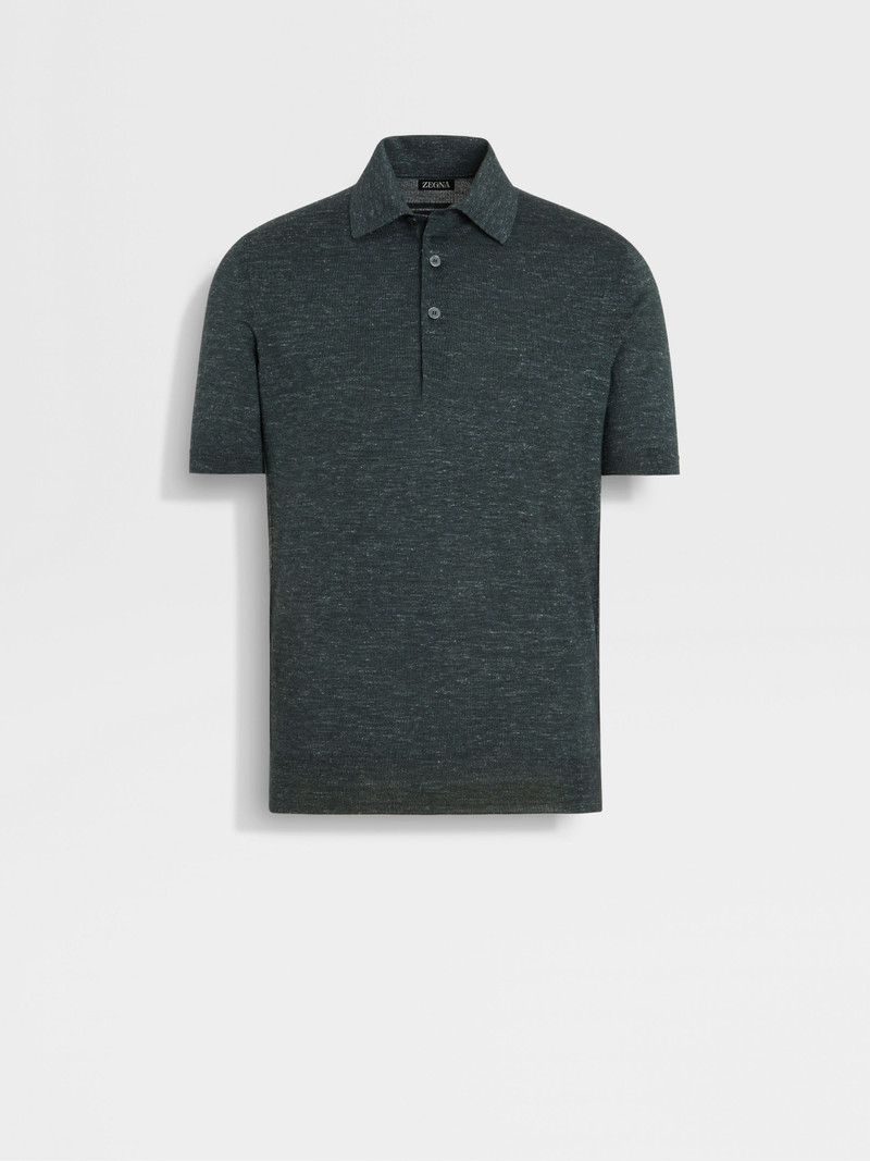 DARK GREEN MÉLANGE SILK CASHMERE AND LINEN POLO SHIRT 1