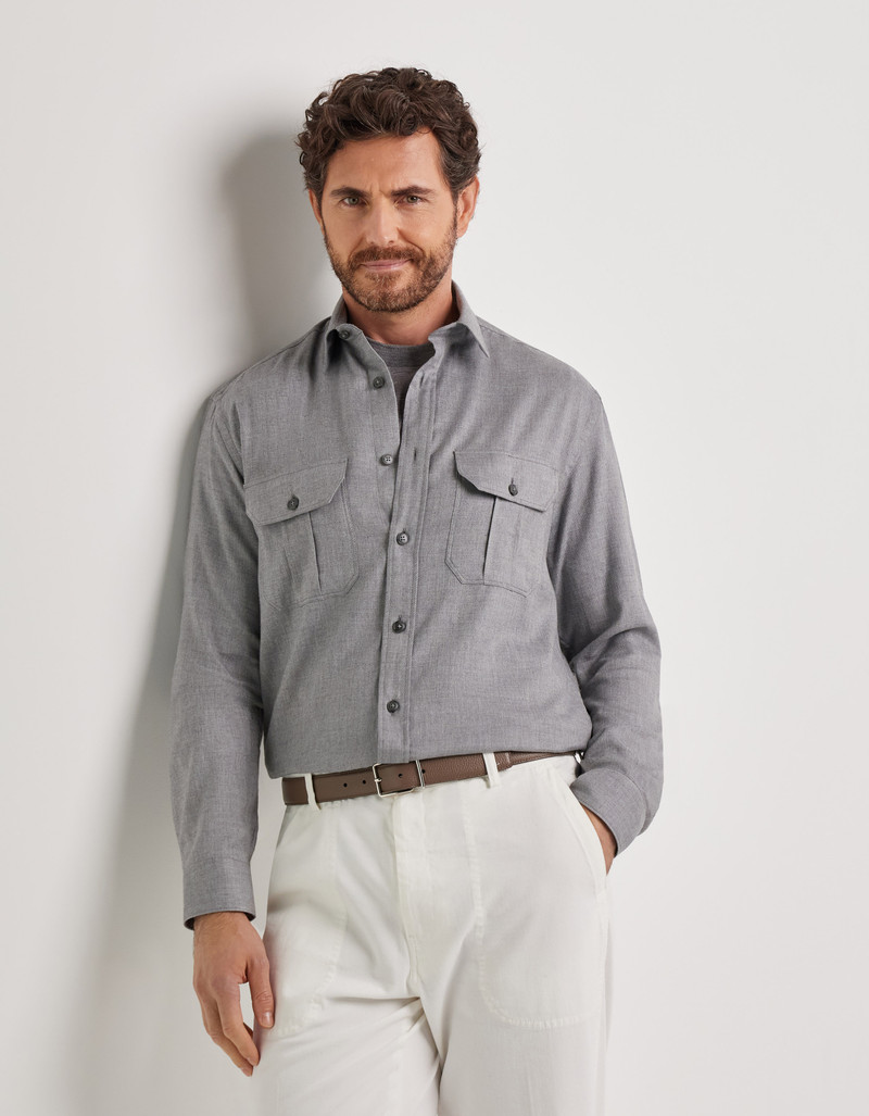 Canali LIGHT GRAY MELANGE RELAXED FIT COTTON AND CASHMERE BLEND CASUAL SHIRT outlook