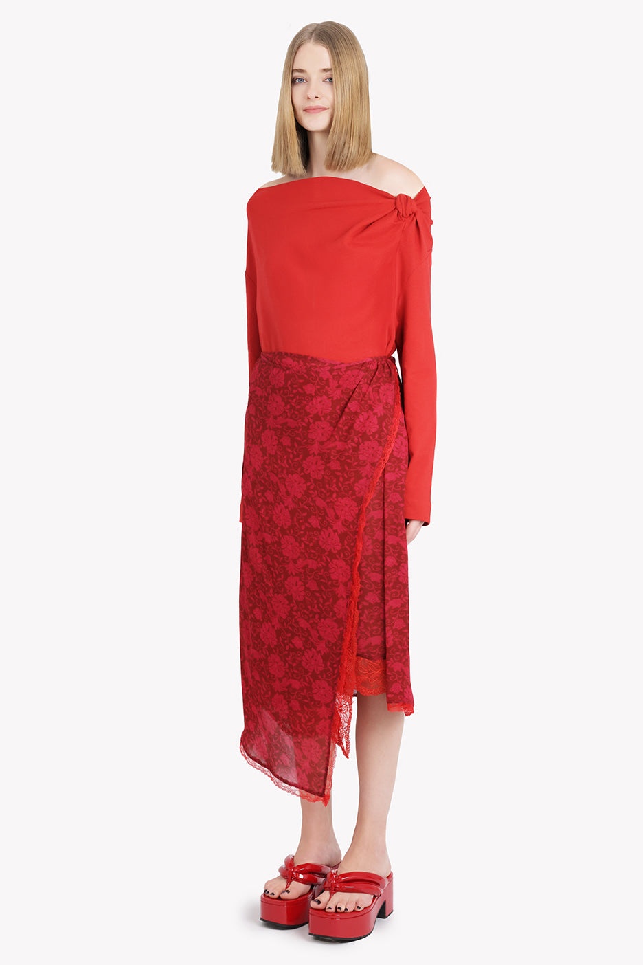 HEMAC L/S ONE SHOULDER KNOT DETAIL TOP | RED - 4