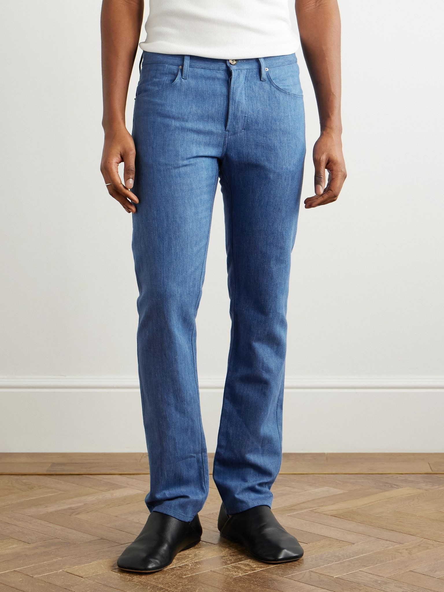 Slim-Fit Cotton and Linen-Blend Trousers Blue - 3