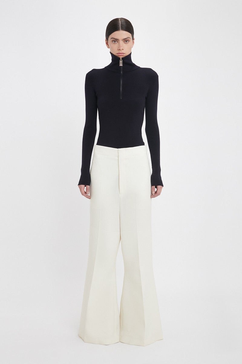 Victoria Beckham Low Rise Wide Leg Kick Trouser In Ivory outlook
