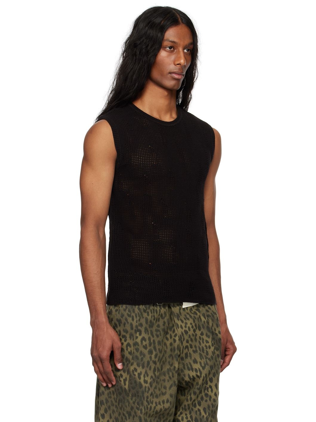 Black Net Damaged Sleeveless Tank Top - 2
