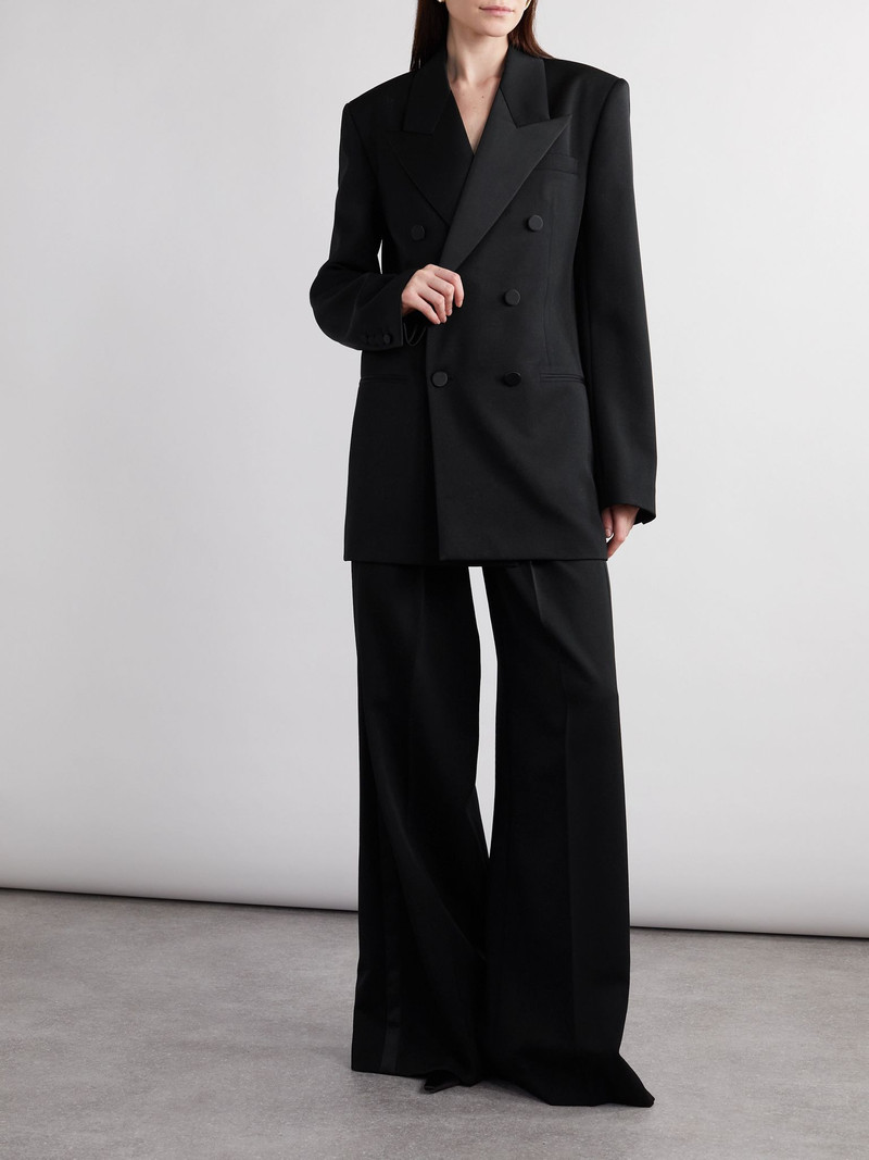 SAINT LAURENT Double-breasted satin-trimmed grain de poudre wool blazer Black outlook