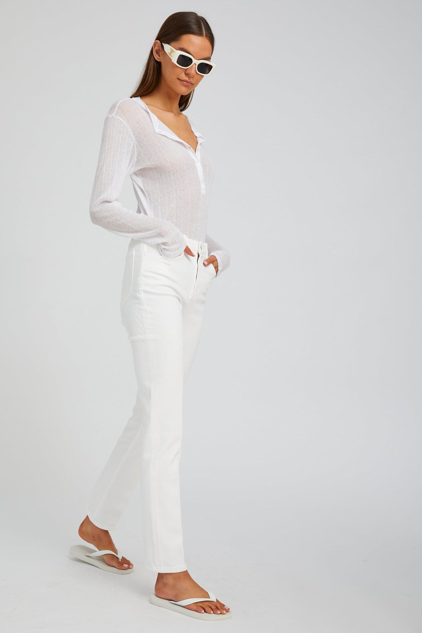 WHITE POINTELLE LONG SLEEVE HENLEY - 4