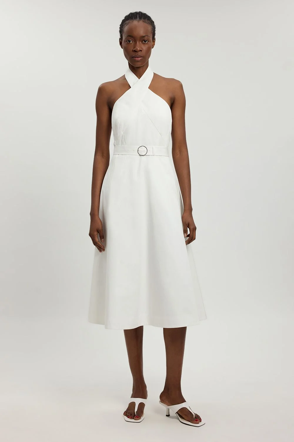 Petite Tailored Cotton Sateen Pencil Belted Midi Dress - 1