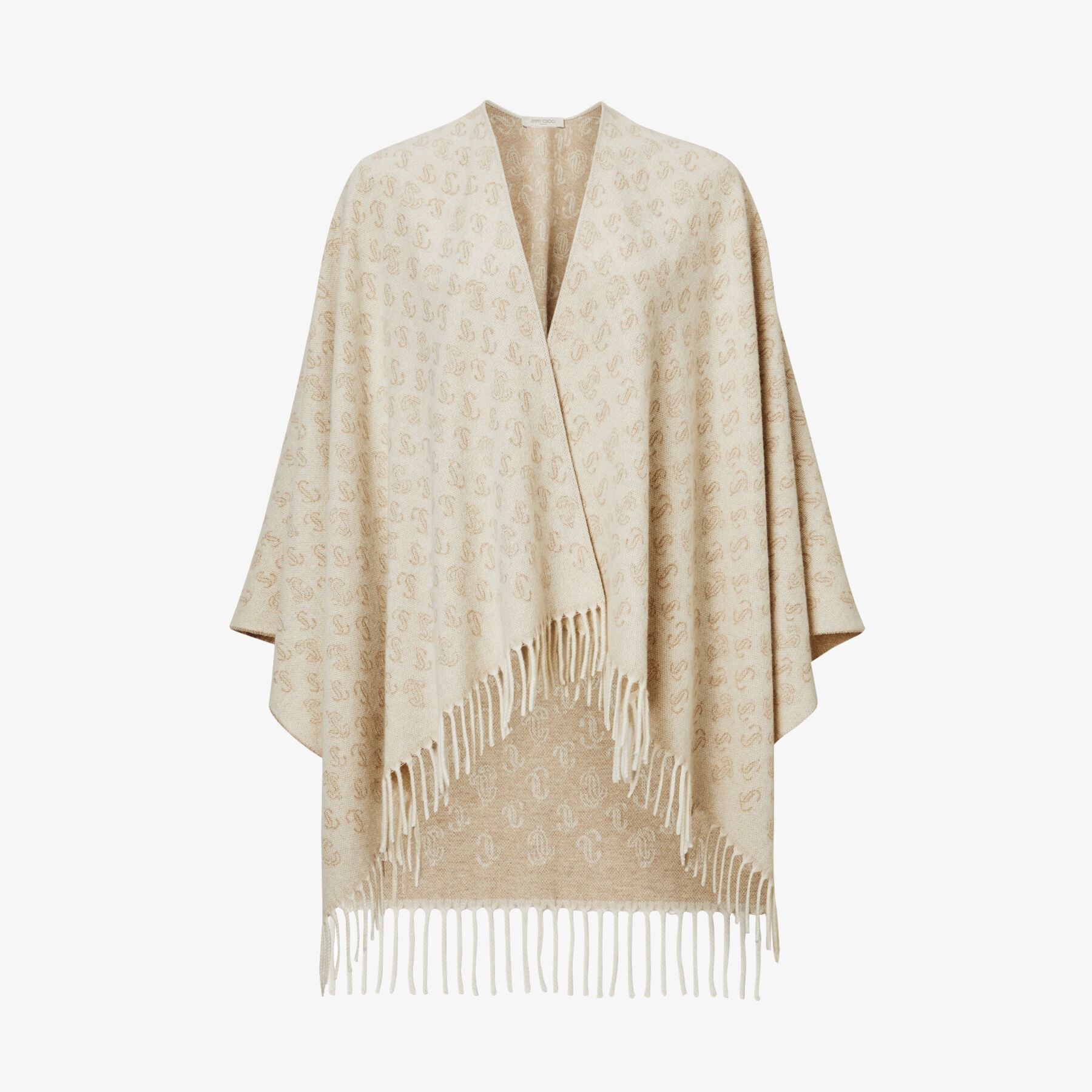 Inga
Latte Cashmere and Wool Jacquard Poncho with JC Monogram Repeat Pattern - 1