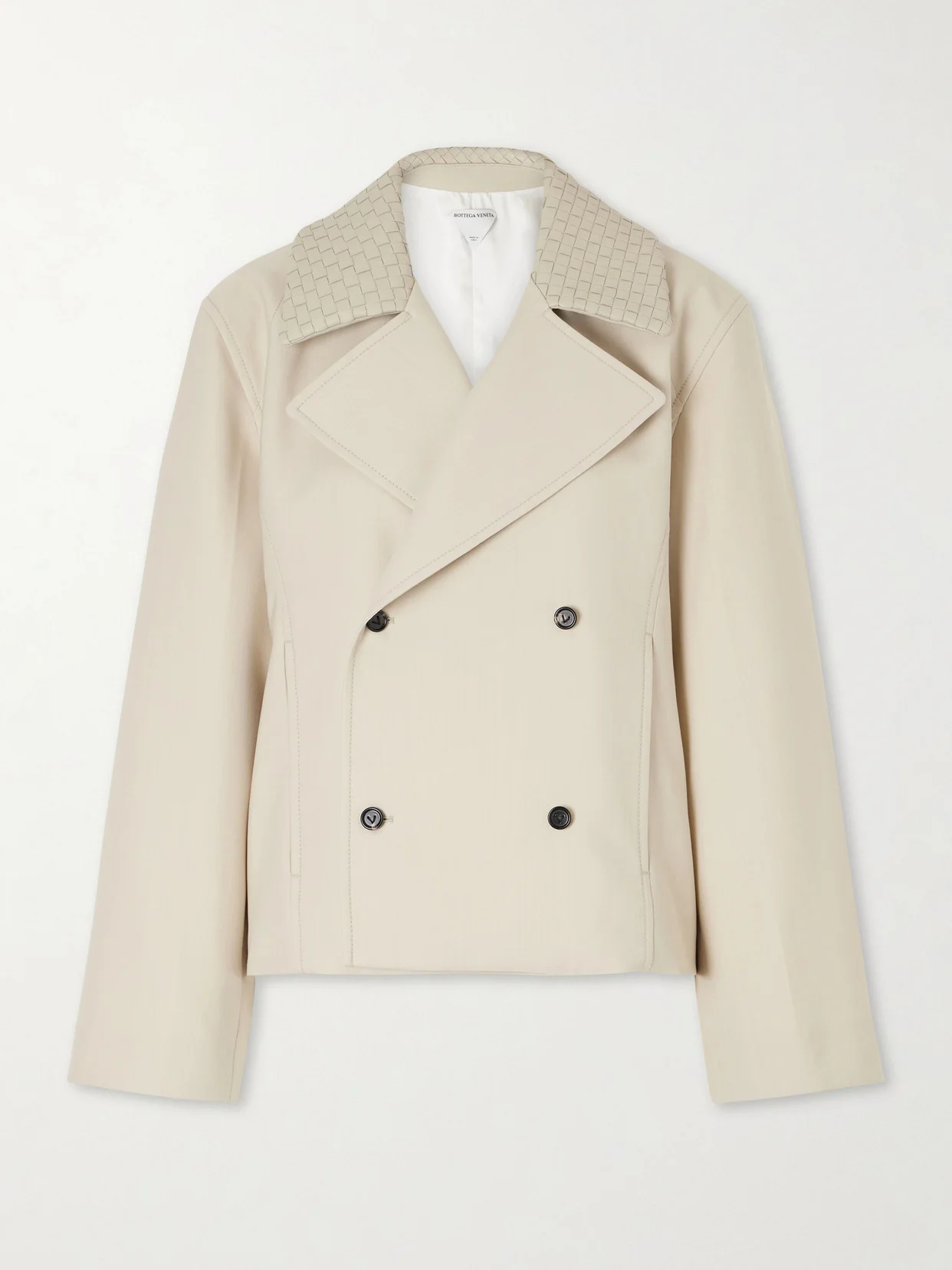 Double-breasted Intrecciato Leather-trimmed Striped Wool And Cotton-blend Jacket - 1