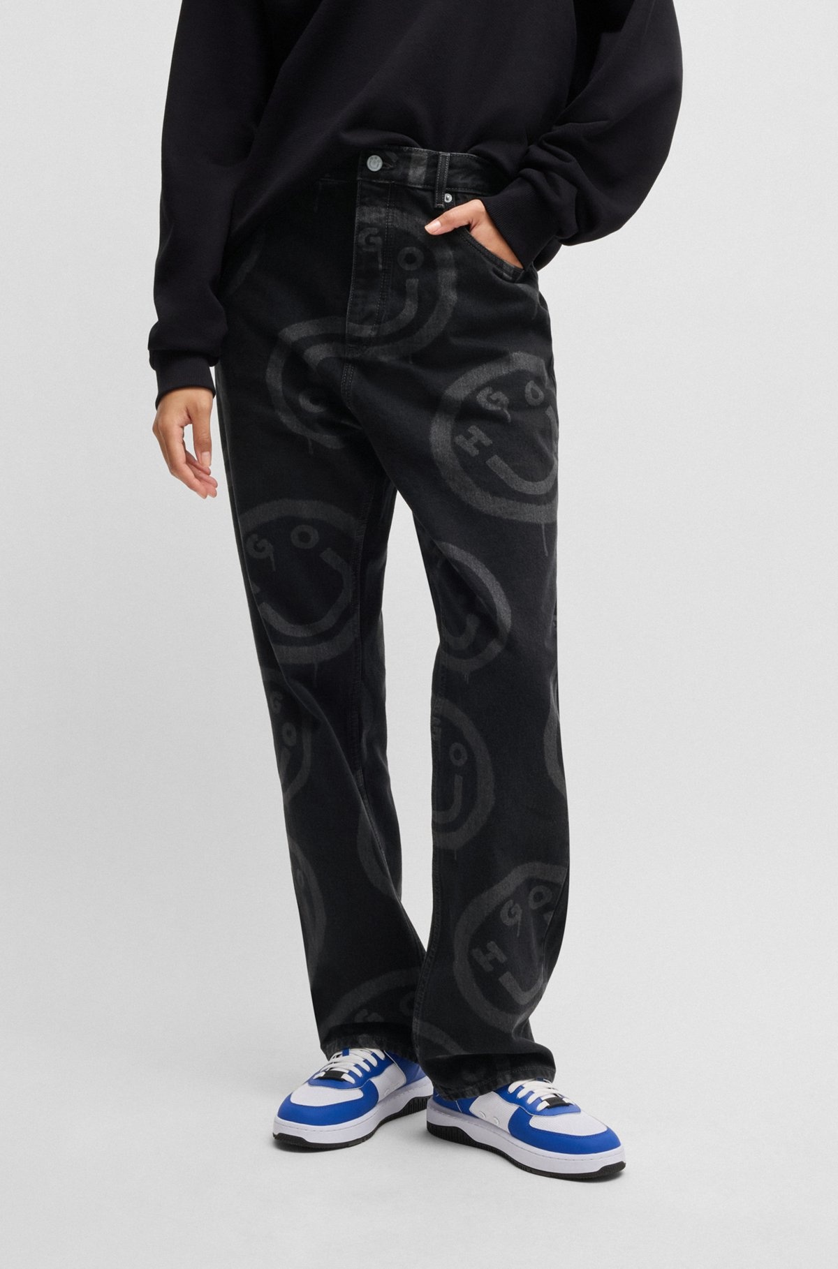 BLACK BAGGY-FIT JEANS WITH HAPPY HUGO PRINT - 5