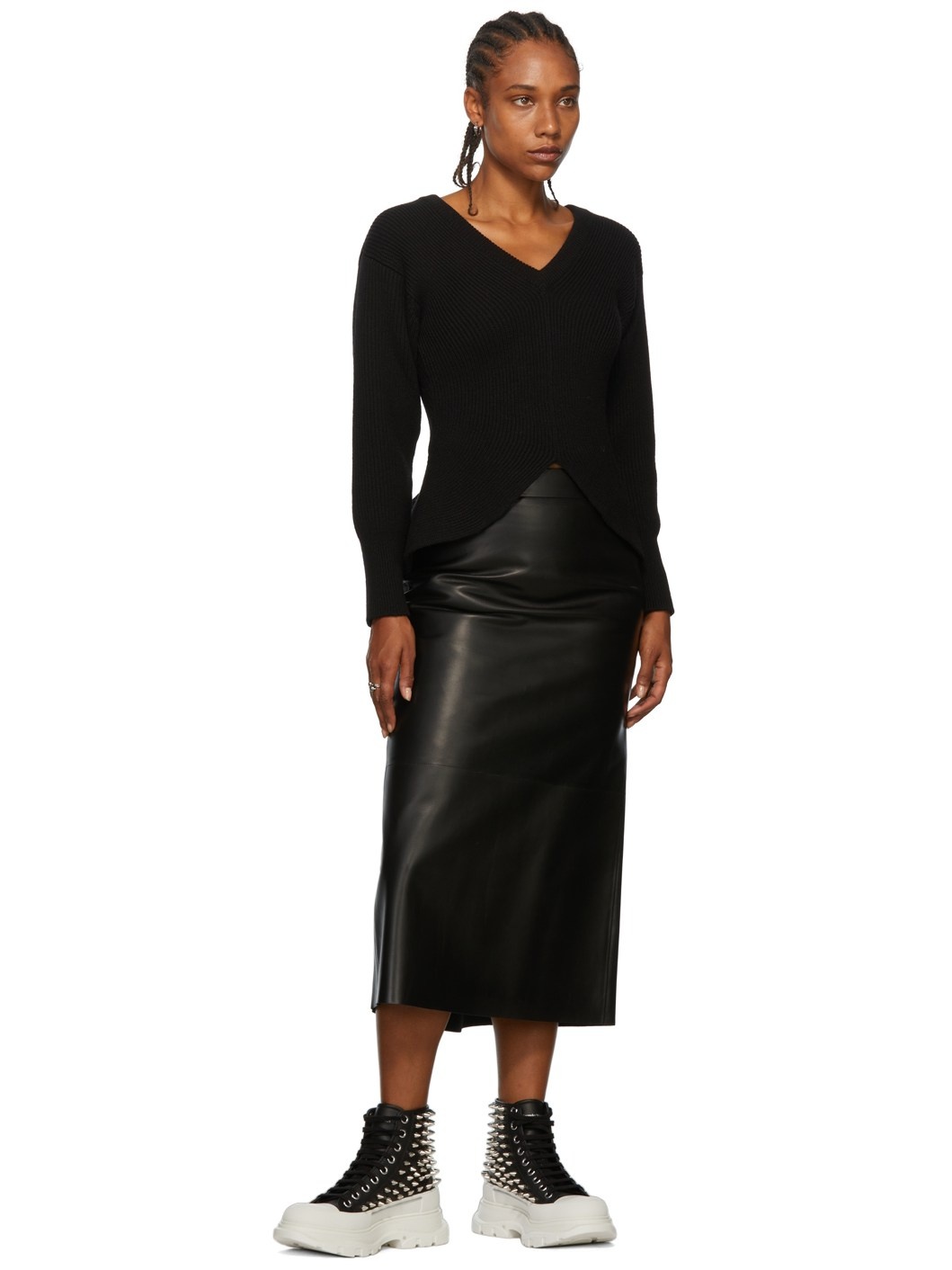 Black Leather Midi Skirt - 4